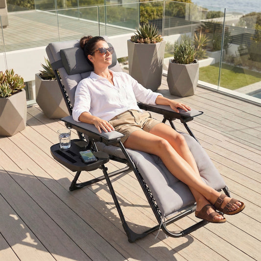 Outsunny Zero Gravity Folding Sun Lounger Recliner With Arm Pads Cushion Cup Holder Headrest Light Grey