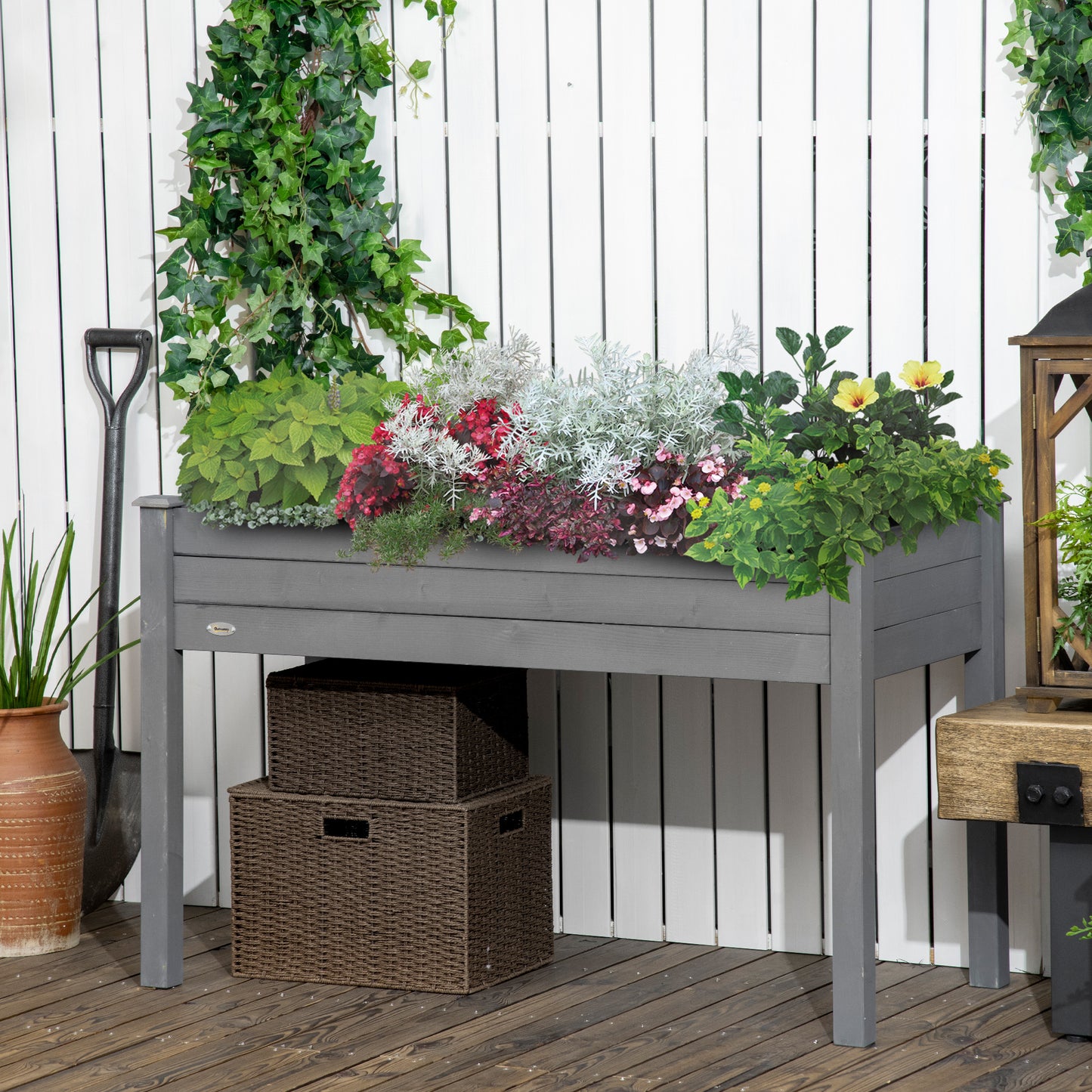 Outsunny Raised Bed For Garden Wooden Elevated Planter Box With Bed Liner For Flower Vegetable Herb Dark Grey