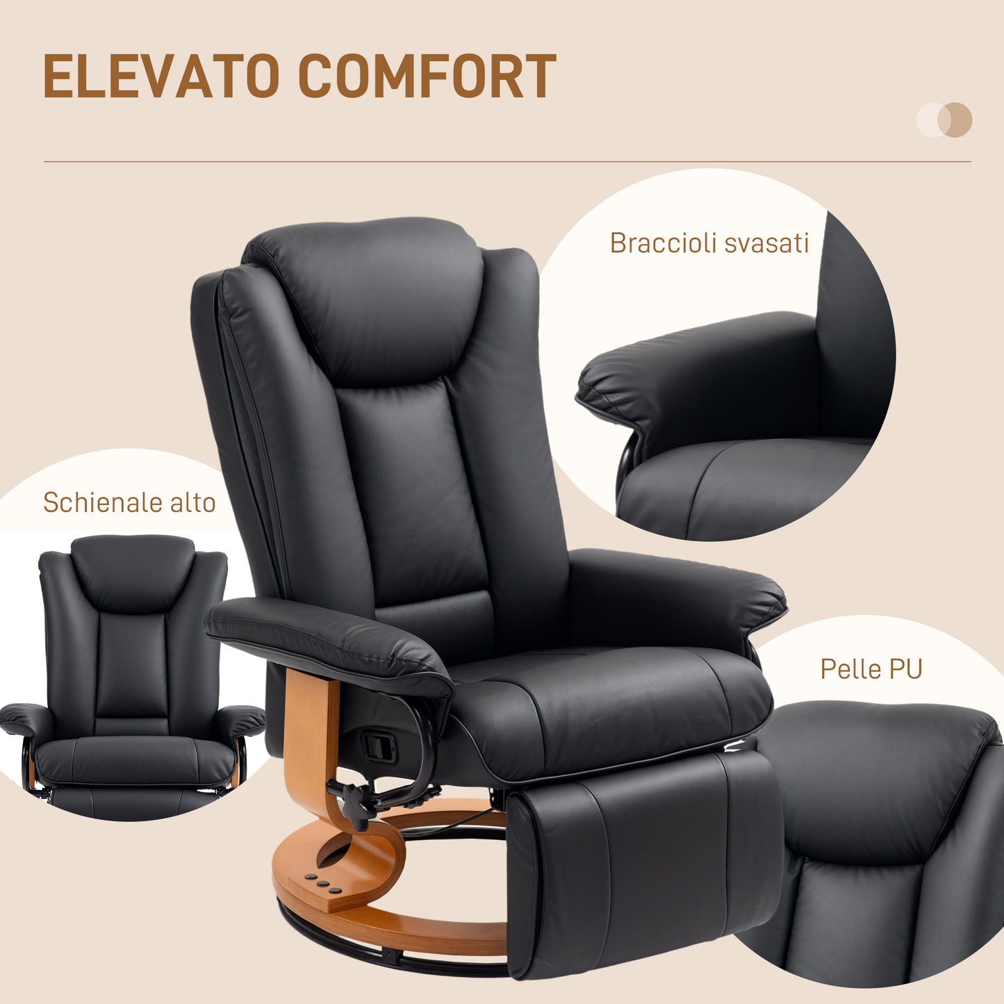 HOMCOM Faux Leather Swivel Recliner Chair Black With 135 Degree Backrest And Footrest For Full Body Relaxation