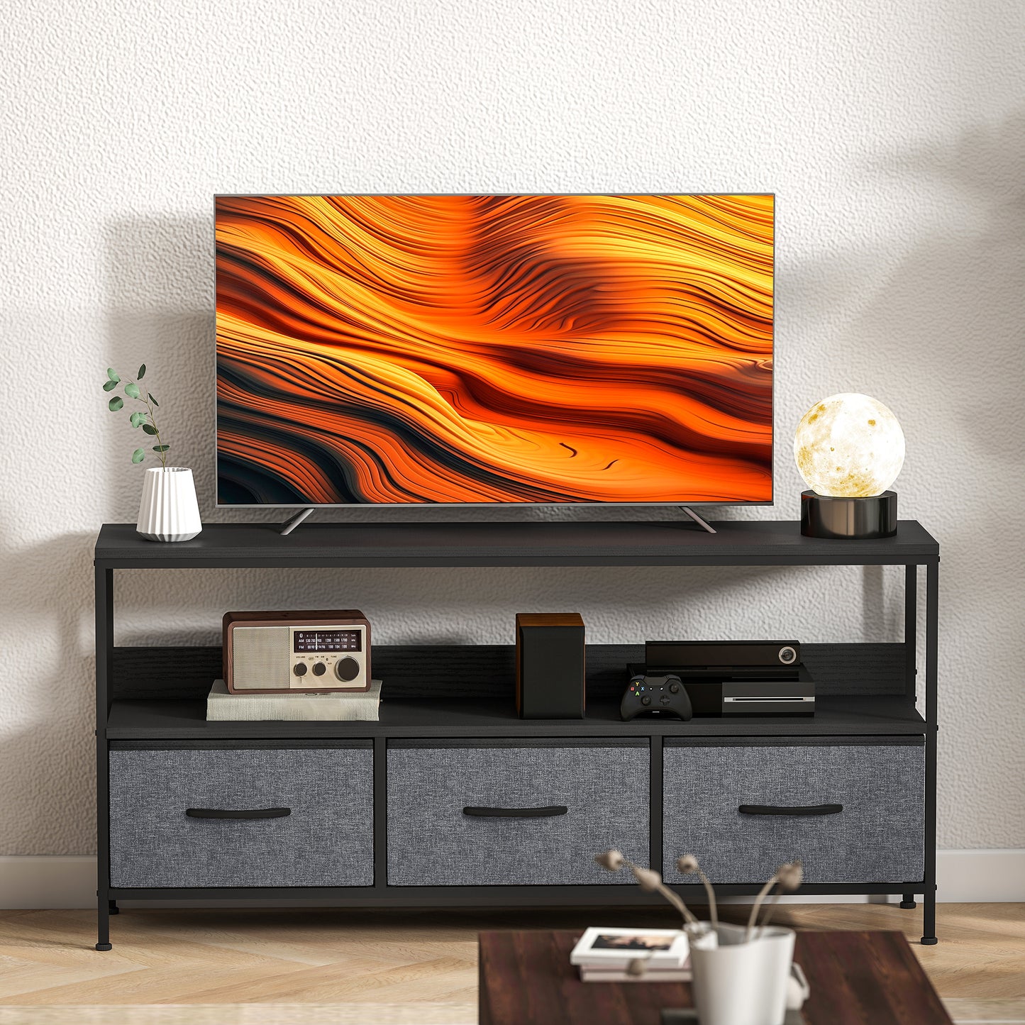 HOMCOM TV Stand Cabinet With Three Foldable Drawers Two Tone Design Black Finish