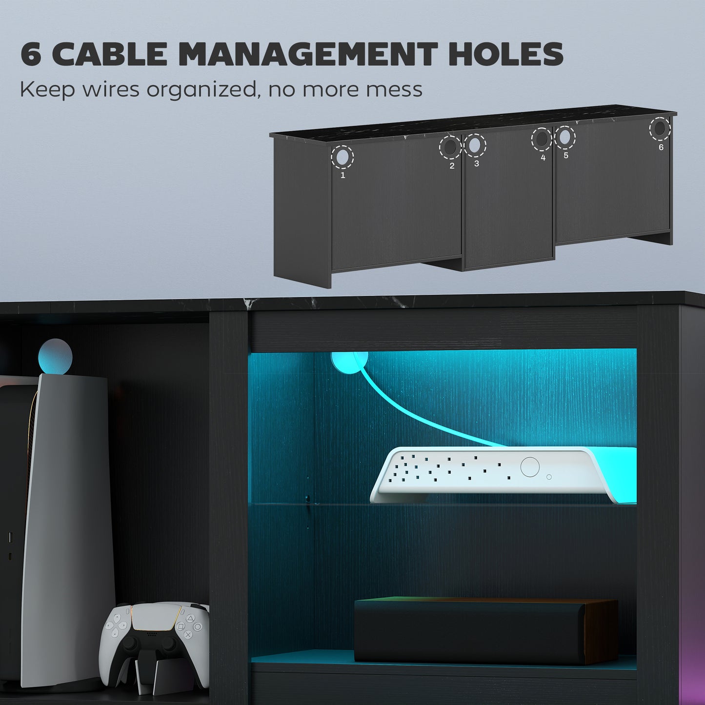 HOMCOM 65 Inch TV Stand With USB Powered RGB LED Lights 22 Modes 7 Colours Storage Black Finish
