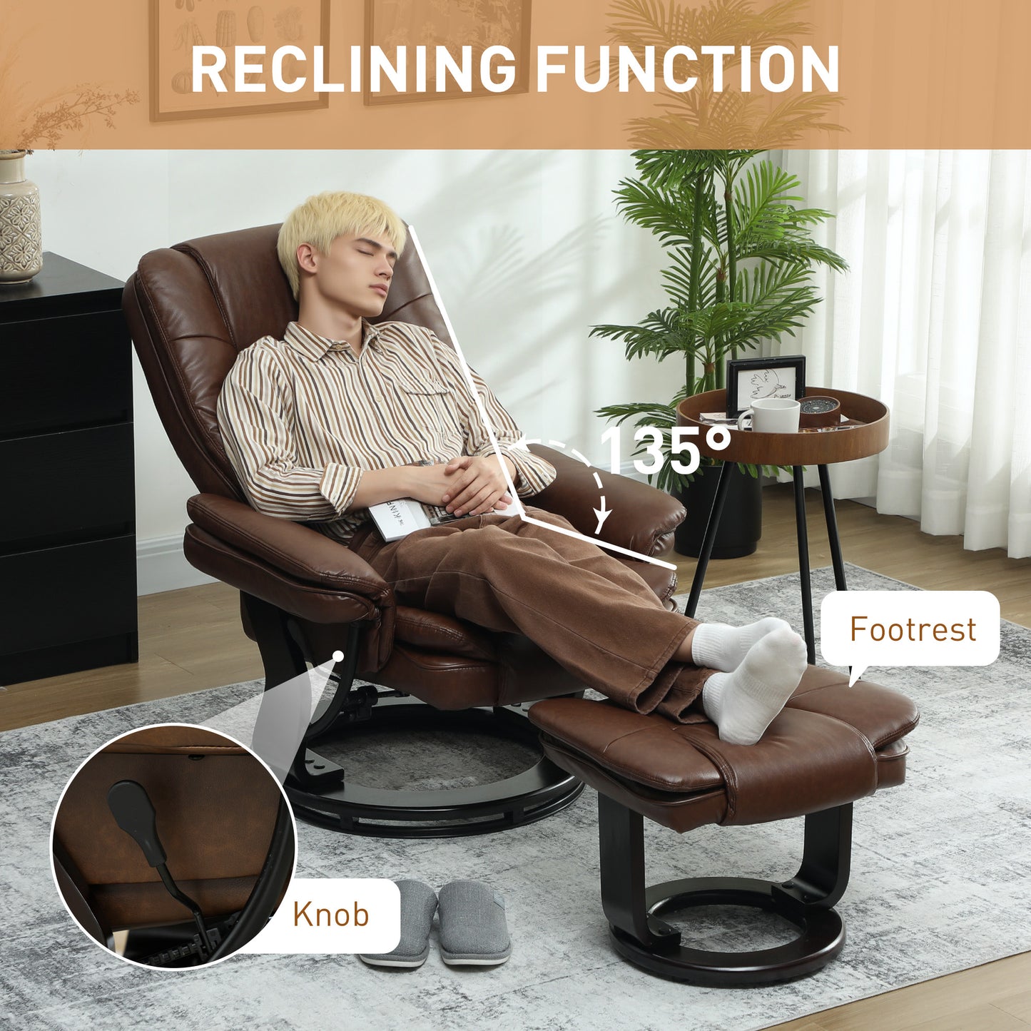 HOMCOM Faux Leather 135 Degree Reclining Chair And Footstool Set Brown For Ultimate Relaxation