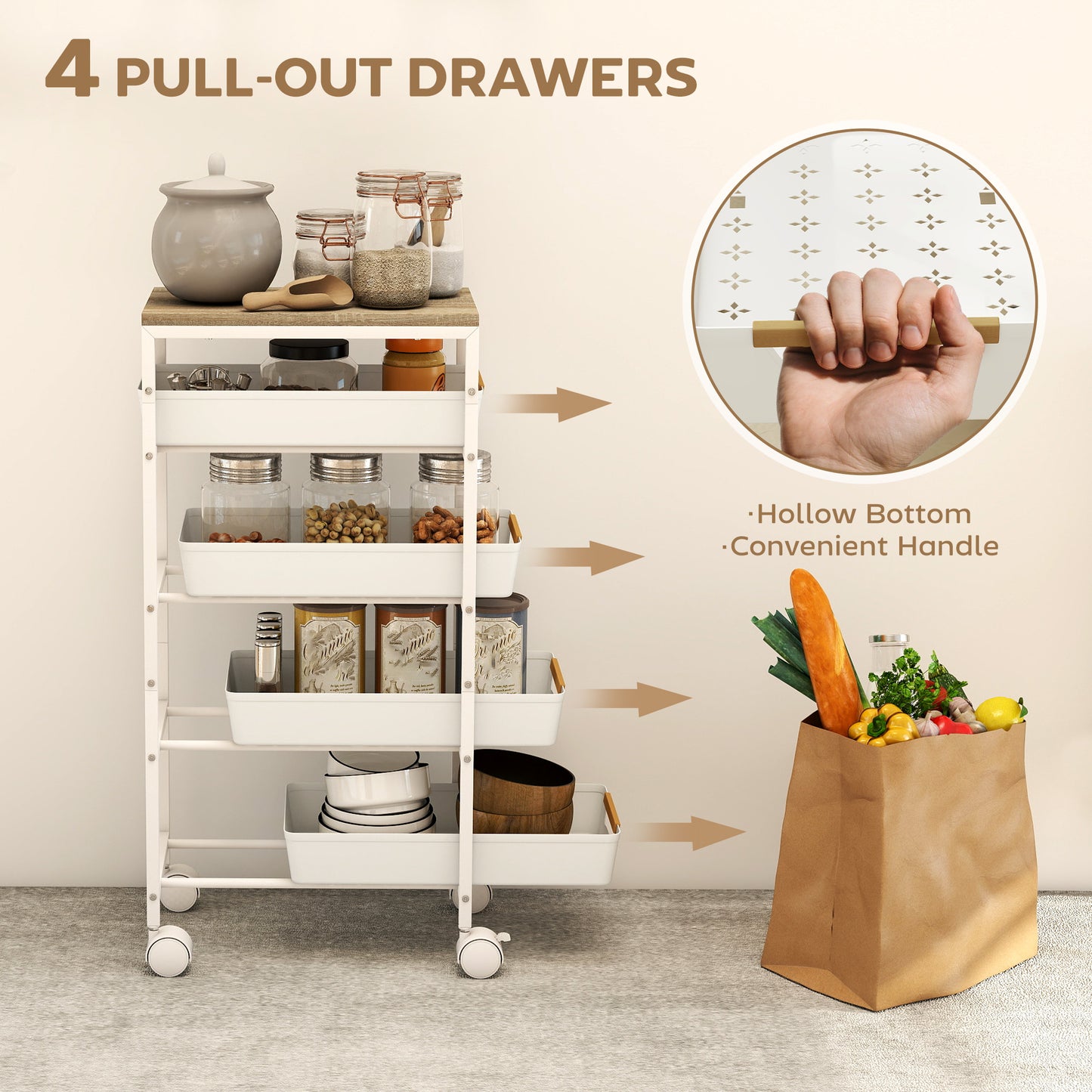 HOMCOM Five Tier Storage Trolley On Wheels White Kitchen Cart With Wood Effect Top And Four Pull Out Drawers
