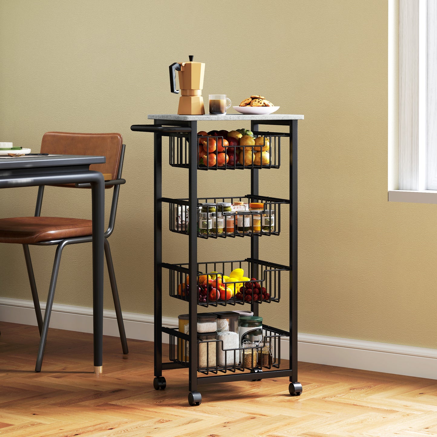 HOMCOM Four Basket Mobile Kitchen Island With Brakes Grey And Black With Marble Effect Countertop