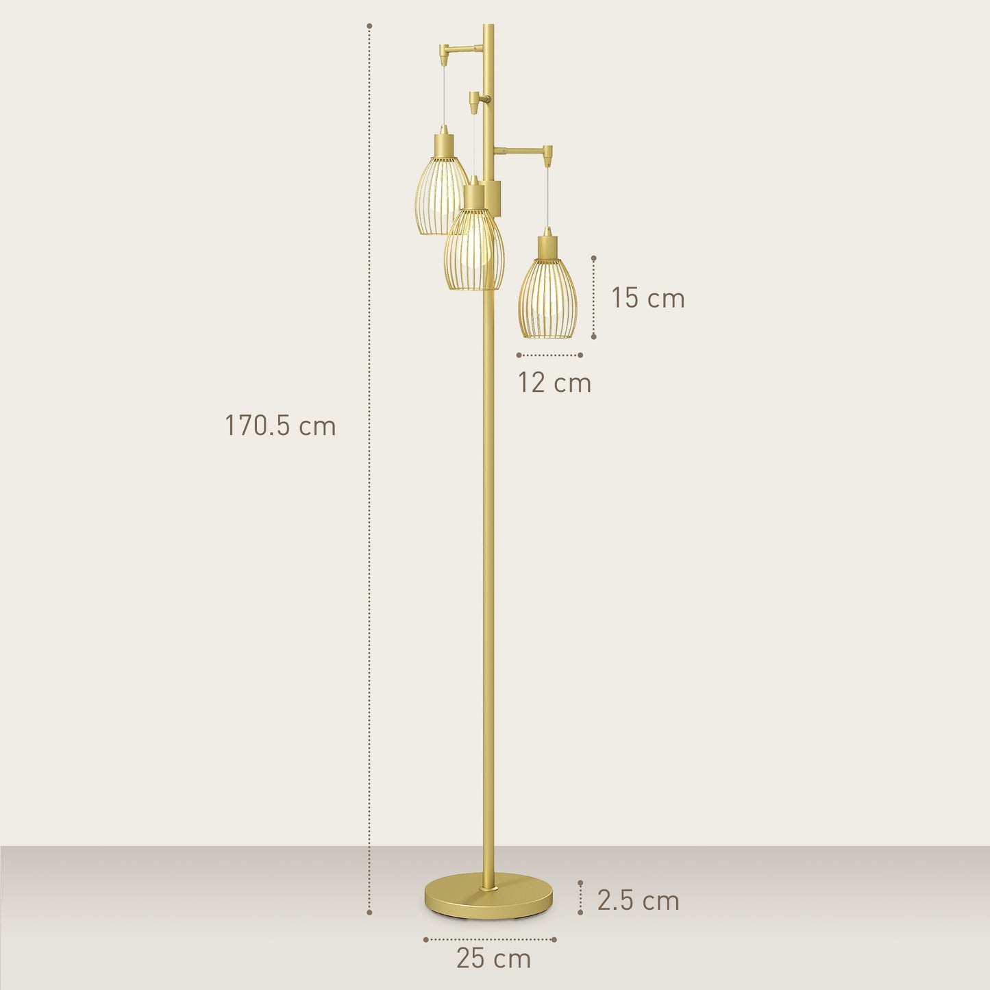 HOMCOM Three Light Floor Lamp 170cm Living Room Dimmable Standing Lamp With Steel Wire Cage Lampshades Gold Tone
