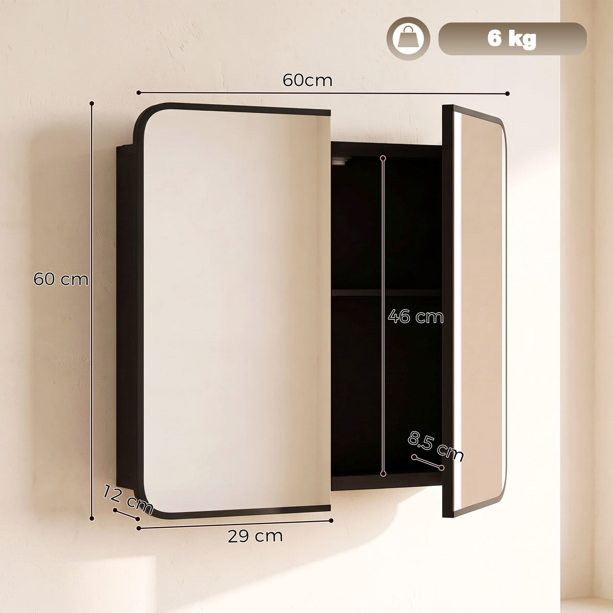 HOMCOM Black Wall Mounted Medicine Cabinet Mirror Storage Magnetic Doors
