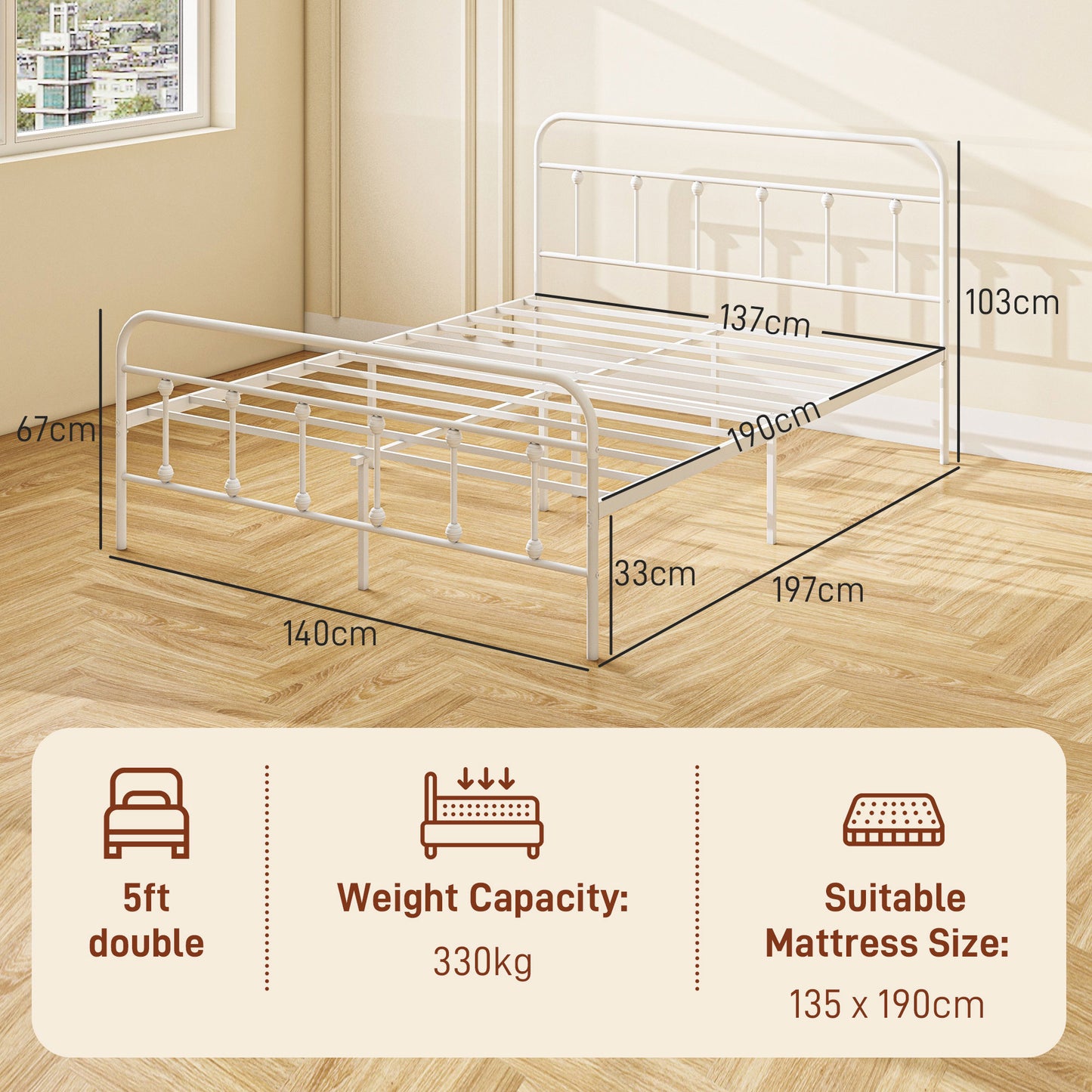 HOMCOM 4ft Minimalist Double Bed Frame with Storage and High Headboard - White Steel Slat Design, No Box Spring Needed, Easy Assembly - ALL4U RETAILER LTD