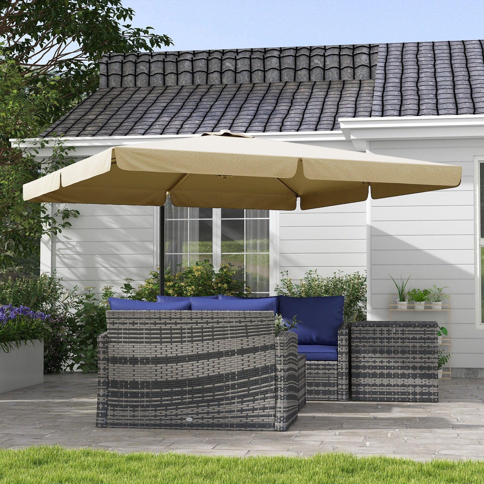 Outsunny 3(m) Cantilever Roma Parasol, Hanging Garden Parasol, Aluminium Square Patio Umbrella with Crank Handle and Tilt, Outdoor Patio Sun Shade with Vented Top, 8 Ribs, Cross Base, Khaki - ALL4U RETAILER LTD