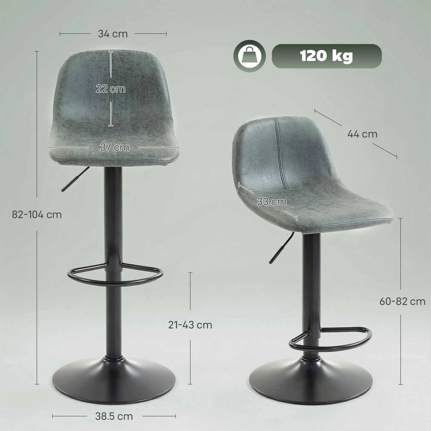 HOMCOM Set of 2 Adjustable Swivel Bar Stools with Footrest for Kitchen Island and Dining Room Green