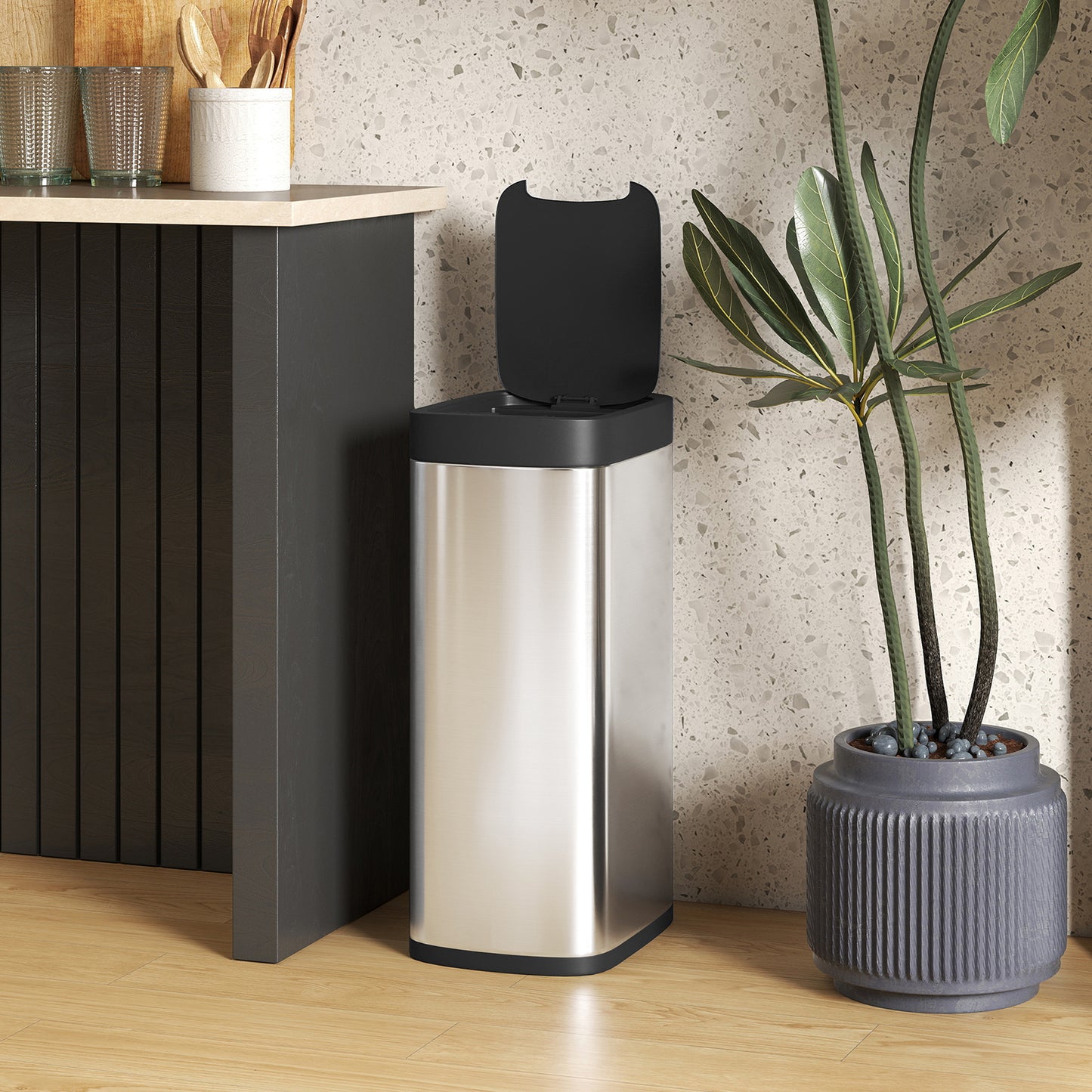 HOMCOM 50L Sensor Bin Automatic Touchless Kitchen Bin With Manual Override Battery Operated Inner Bucket Free