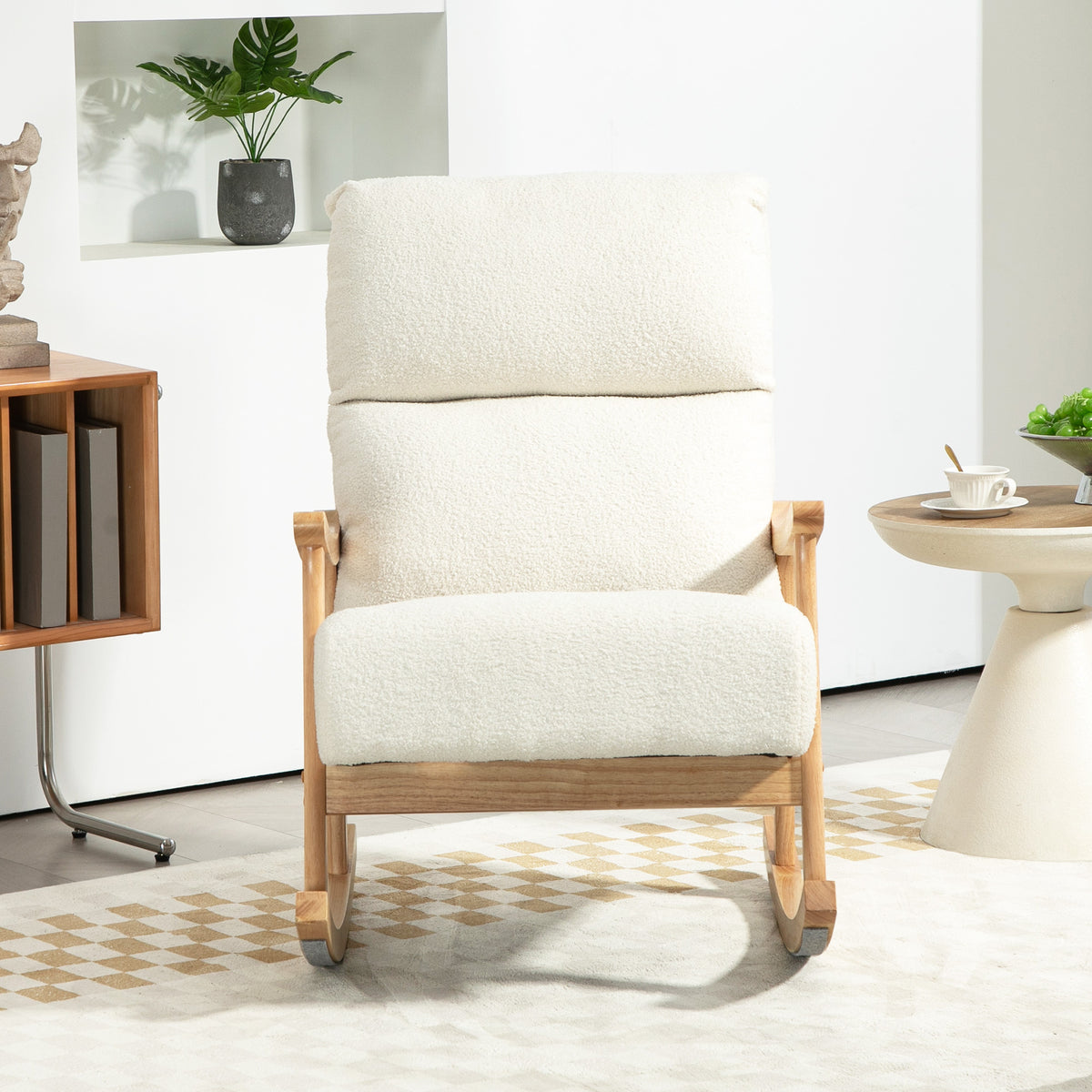 Cream teddy-fleece high back nursing rocking chair with wooden curved rockers