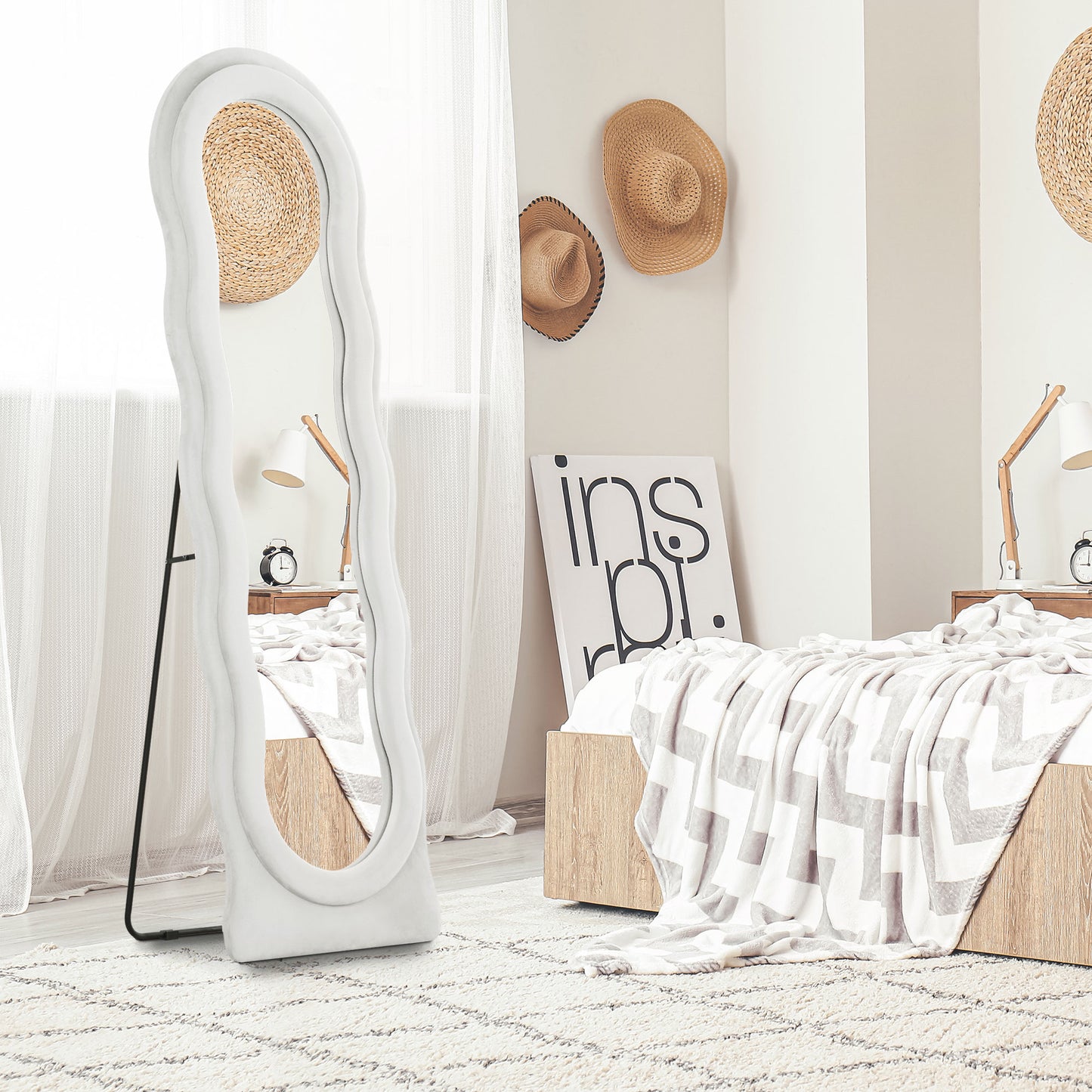 HOMCOM Wavy Velvet Feel Full Length Mirror White Standing Mirror For Modern Bedroom