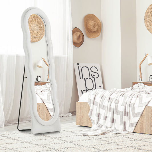 HOMCOM Wavy Velvet Feel Full Length Mirror White Standing Mirror For Modern Bedroom