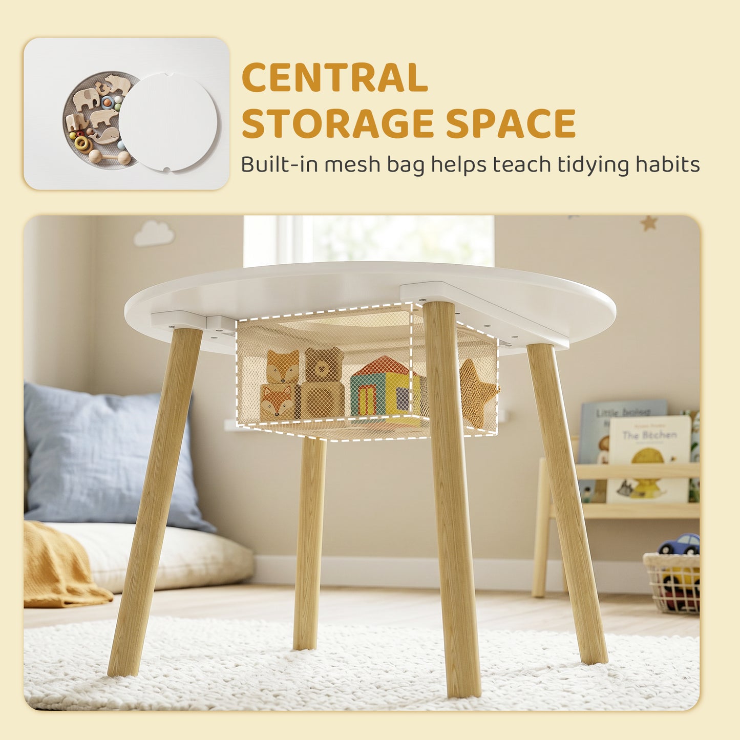 AIYAPLAY Kids Toddler Table and Chairs Set With Storage Bag 3 Piece for Playroom White Durable