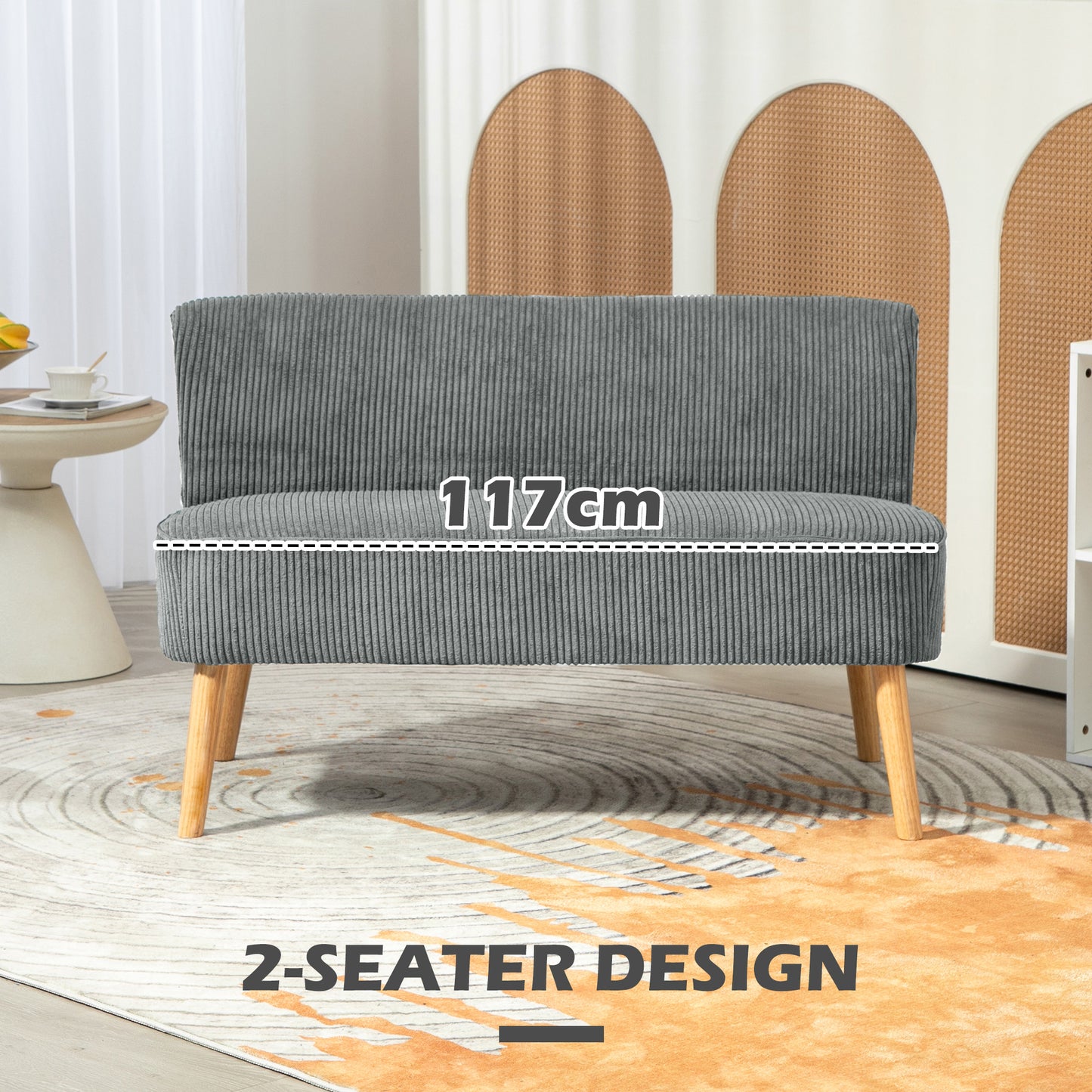 HOMCOM Modern Corduroy Double Seat Sofa With Wood Frame Foam Padding Soft Comfortable Compact Couch Grey