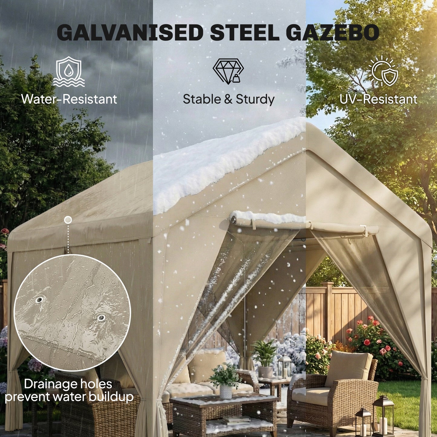 Outsunny 3 By 3 Meter Patio Gazebo With Netting And Curtains For Privacy And Shade Galvanised Steel Frame Khaki