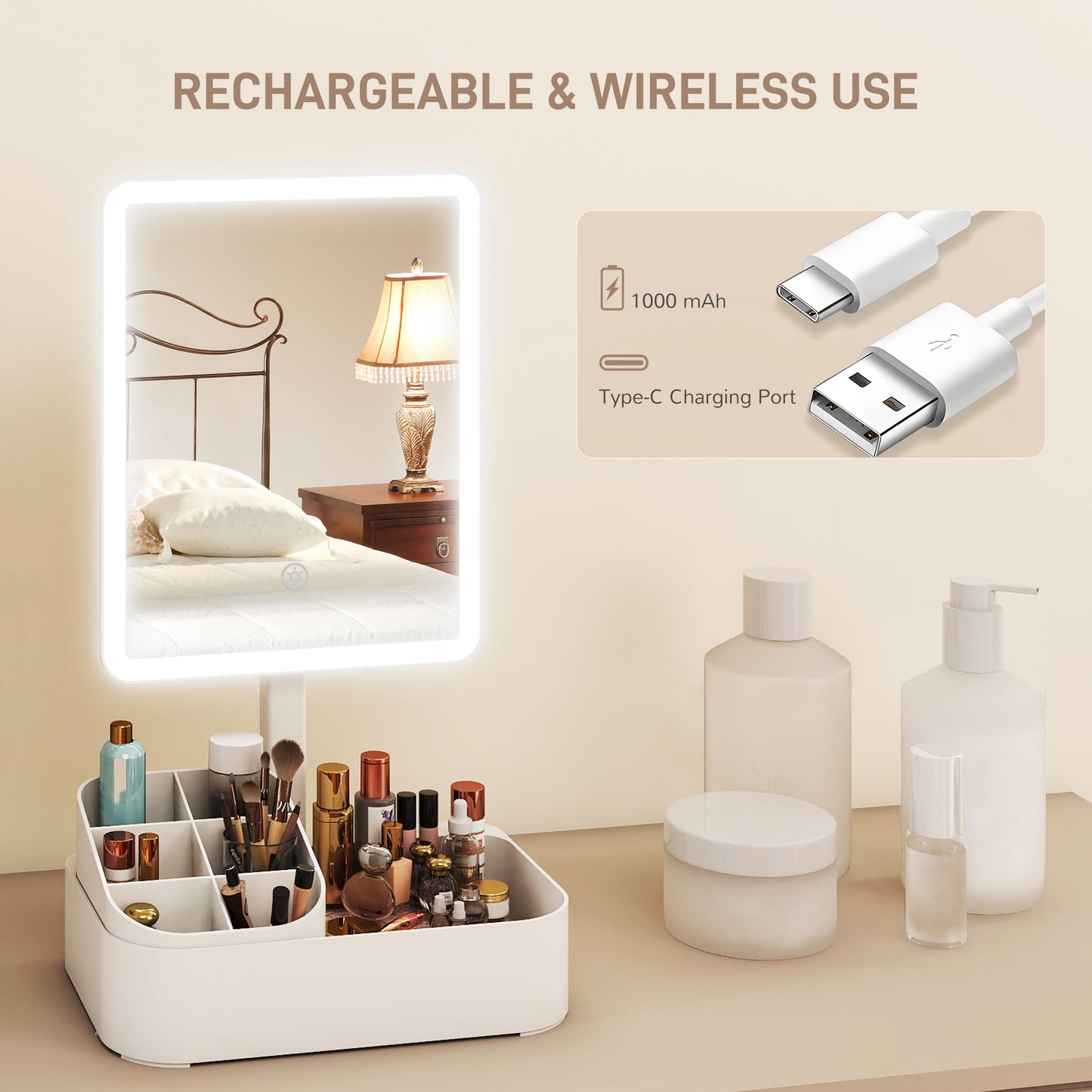 HOMCOM Rechargeable Makeup Mirror With Lights And Touch Screen, 2 Lighting Modes, 180 Degree Rotation, White