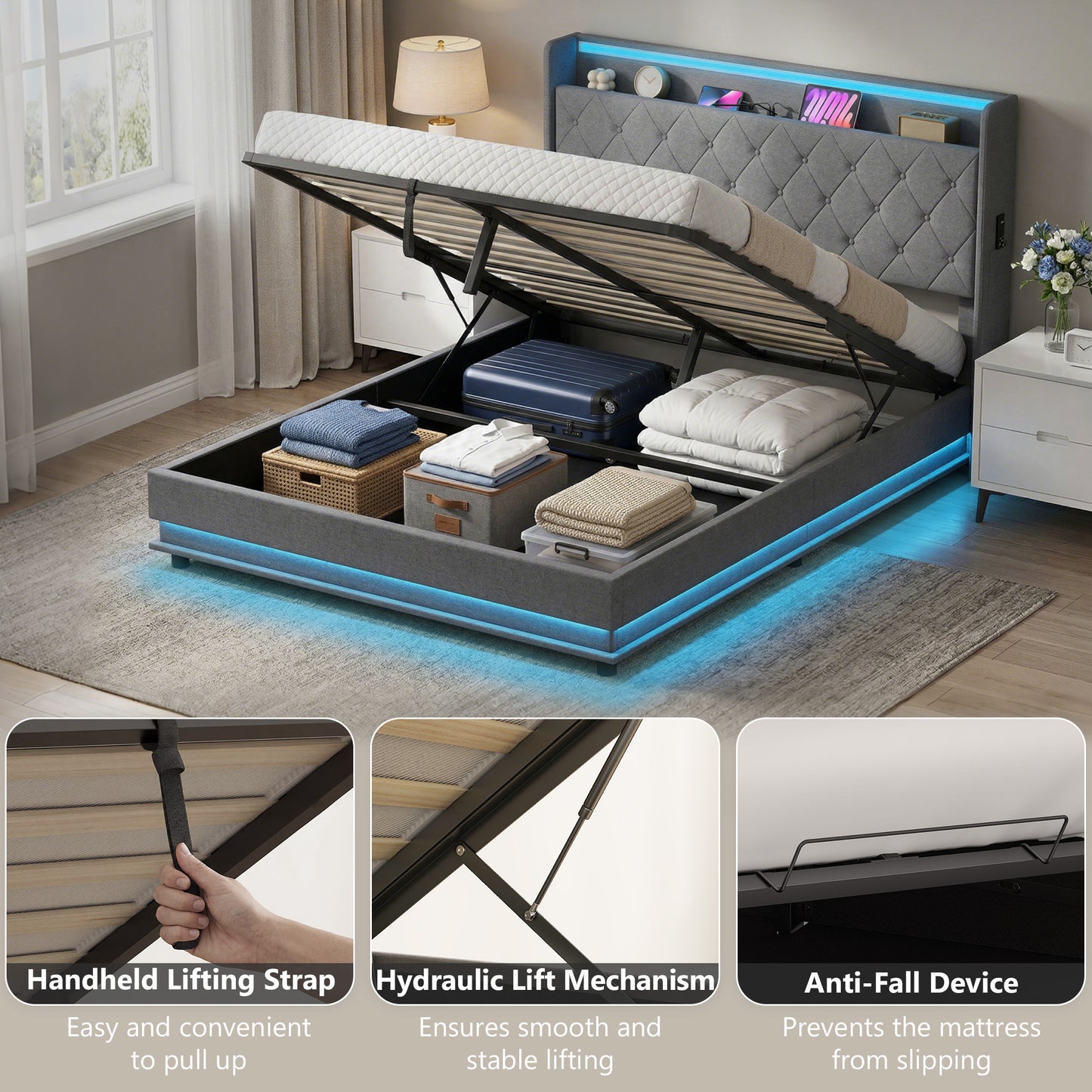 HOMCOM 5ft King Bed Frame With Hydraulic Storage Headboard LED Lights And Charging Station Grey