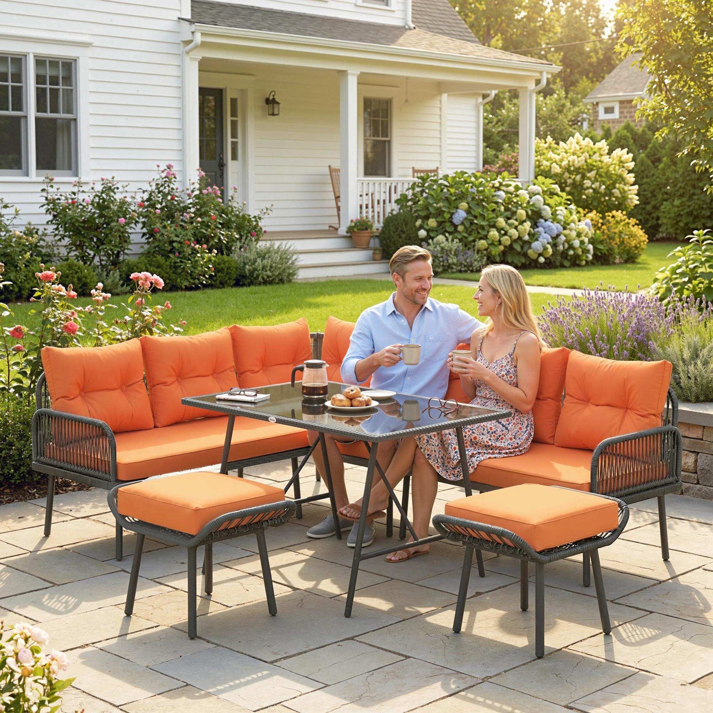 Outsunny 6 Piece Rattan Garden Furniture Set 8 Seater With Corner Sofa Cushions And Glass Top Table Orange