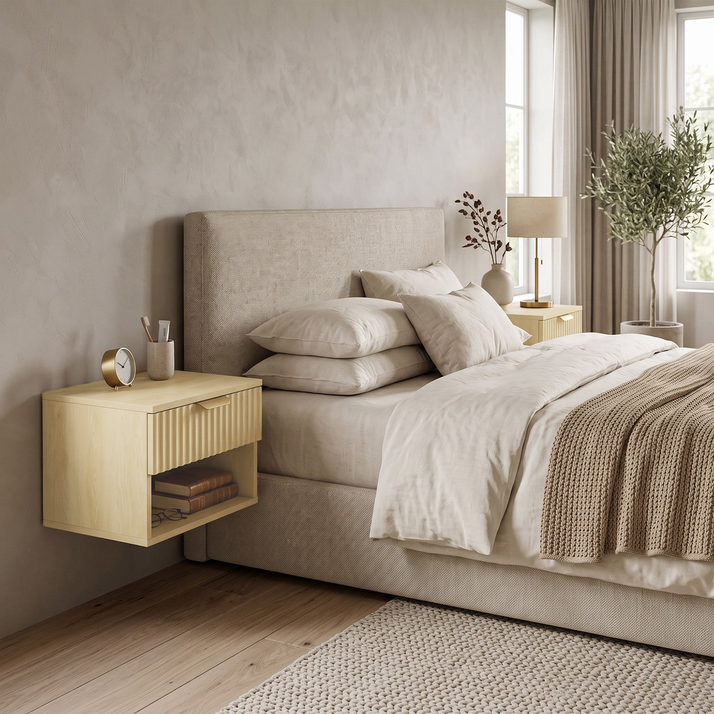 Modern Floating Nightstands Set Of 2 Wall Mounted Fluted Drawer Oak
