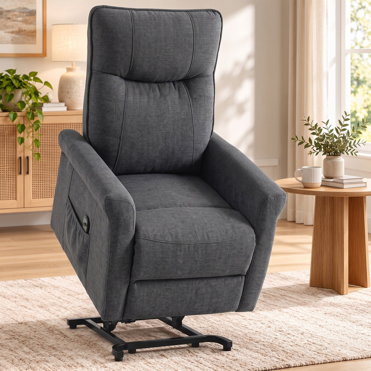 Dark grey chenille recliner chair with lift base and side control panel