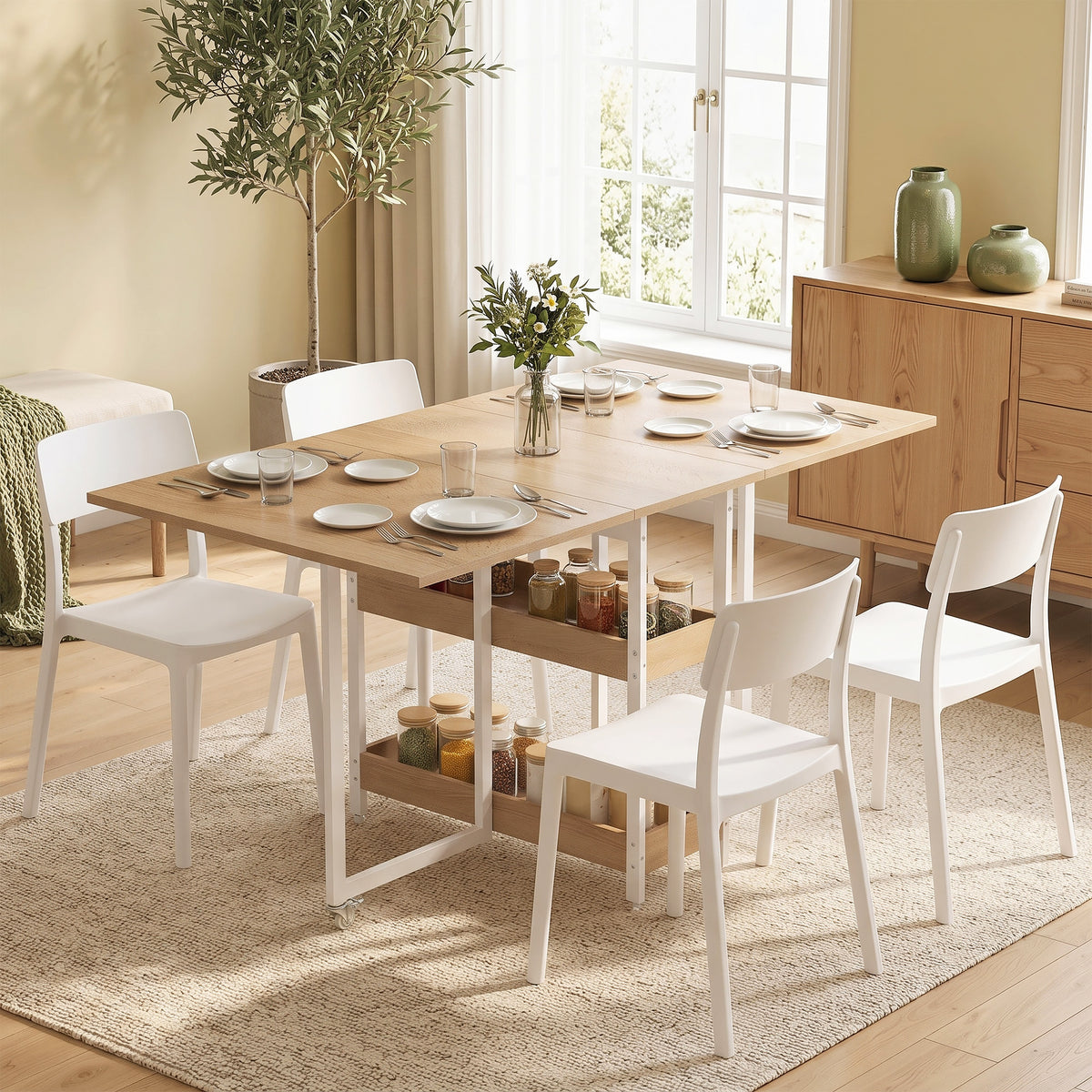 Light wood drop-leaf dining table with white metal frame, open for four seating