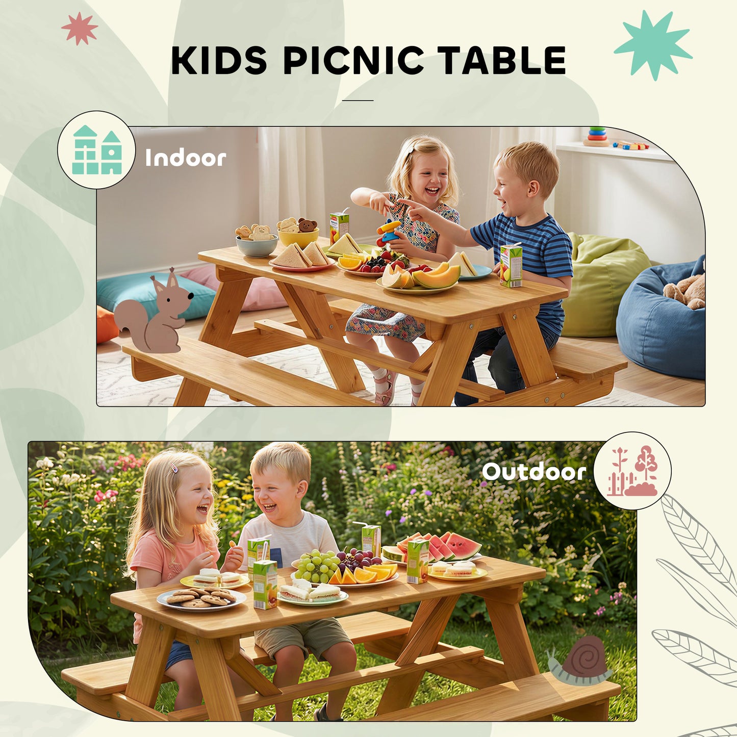 AIYAPLAY Kids Outdoor Picnic Table And Integrated Benches In Solid Fir Wood Natural Finish For Stable A Frame Design