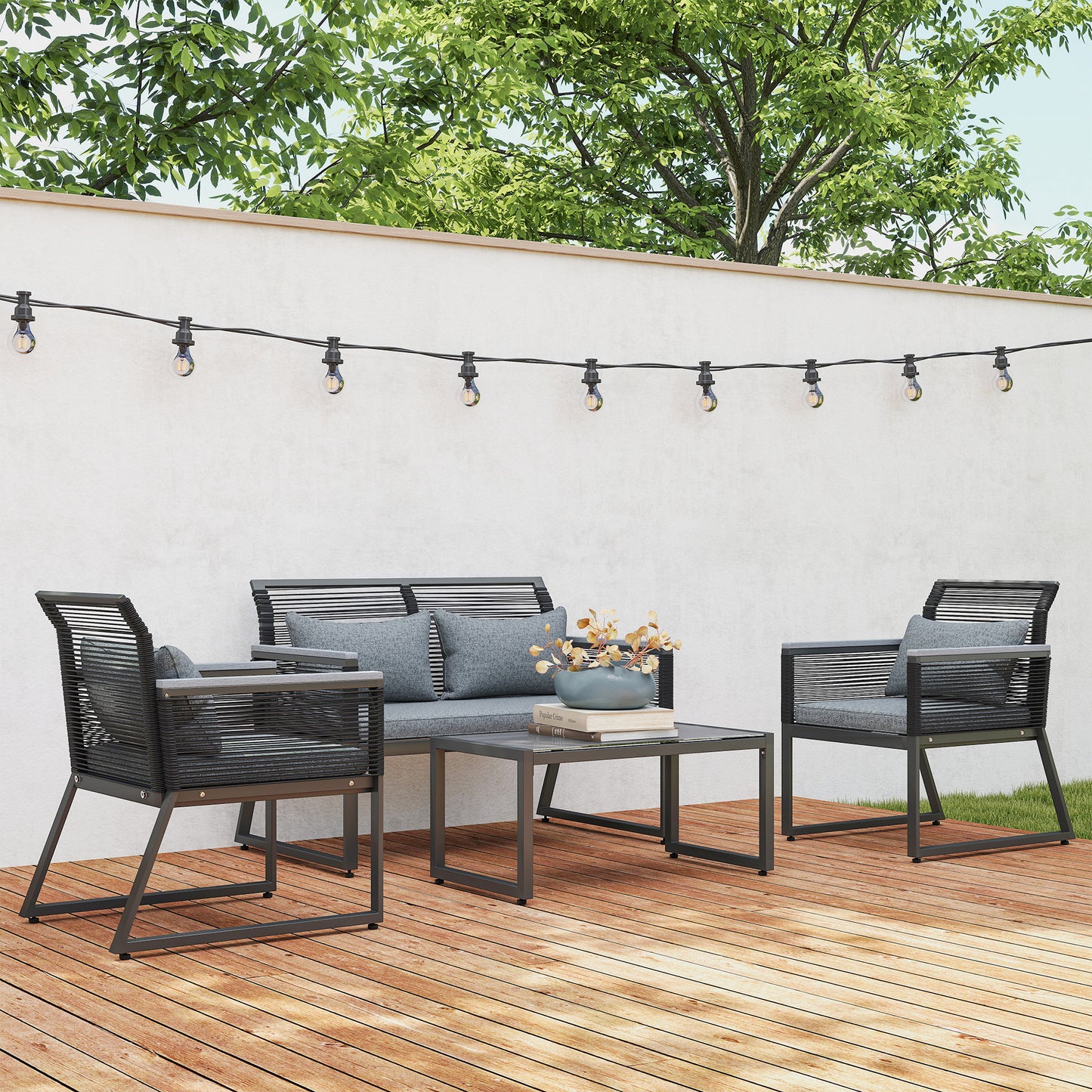 Outsunny Four Piece Rattan Garden Furniture Set Charcoal Grey Outdoor Patio With Coffee Table Wood Top