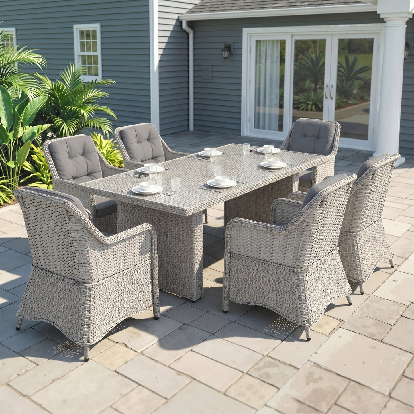 Outsunny Seven Piece Rattan Dining Set Outdoor Garden Furniture Mixed Grey Stylish Comfortable Alfresco Dining