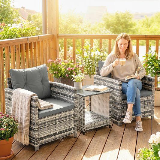 Outsunny Rattan Bistro Set 3 Piece Garden Furniture With 2 Tier Glass Top Table And Cushions Mixed Grey