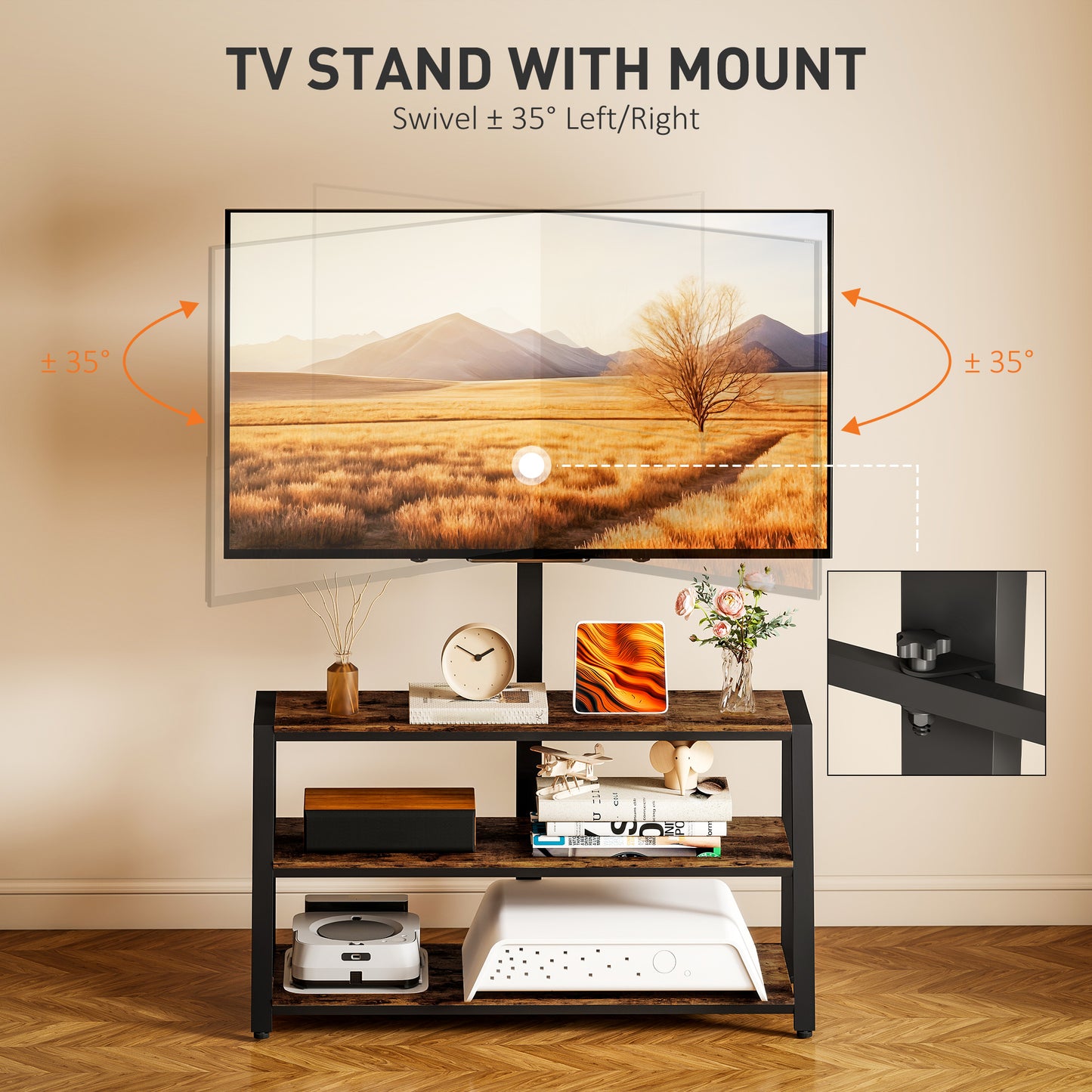 HOMCOM Industrial Style TV Stand With 35 Degree Swivel Bracket For 32 To 70 Inch TVs Dark Brown Steel Frame