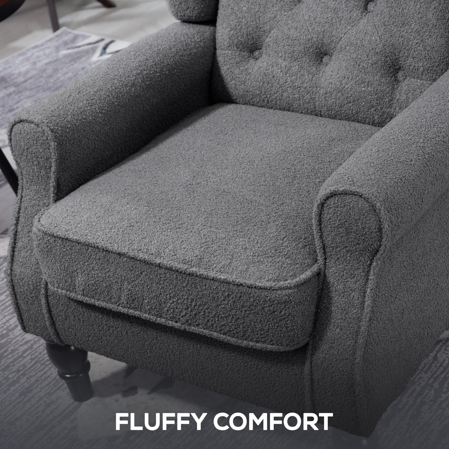 HOMCOM Teddy Fleece Retro Wingback Chair Grey With Tufted Backrest Supports Up To 160kg And Solid Wood Frame