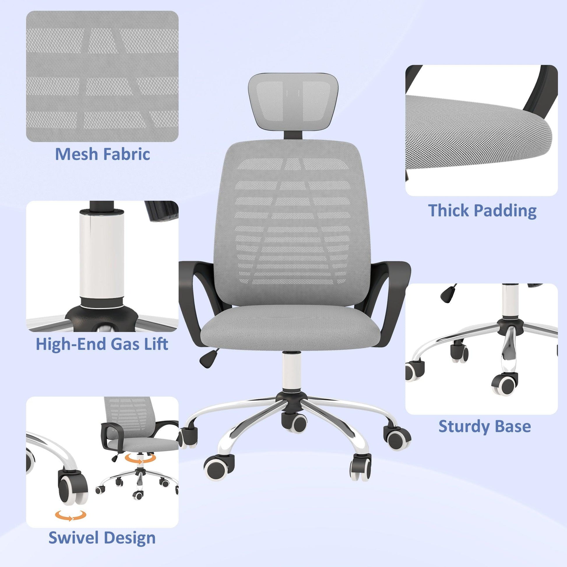 Vinsetto Ergonomic Office Chair, Mesh Desk Chair with Rotatable Headrest, Lumbar Back Support, Armrest, Grey - ALL4U RETAILER LTD