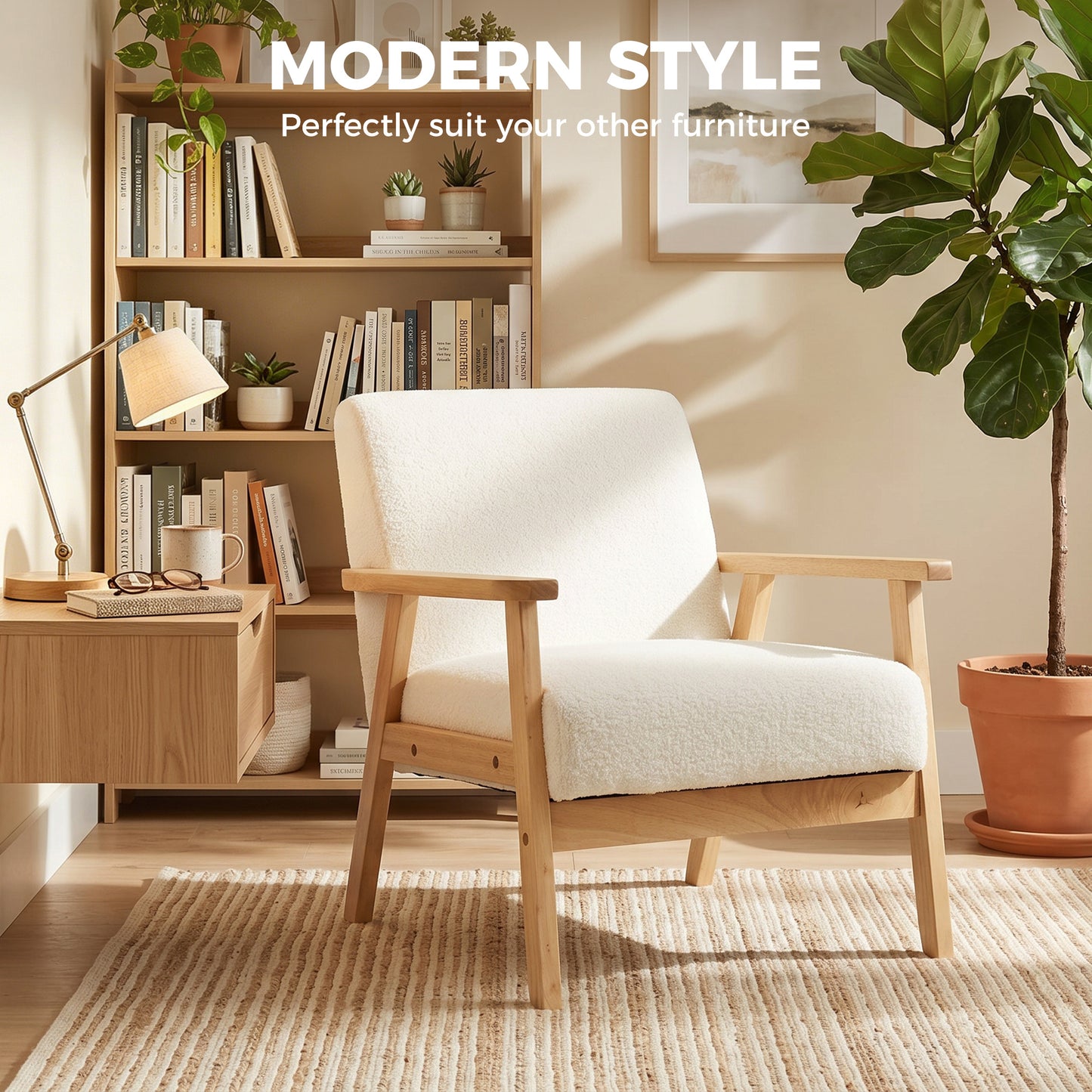 HOMCOM Modern Armchair Sherpa Fleece Upholstered Accent Chair With Solid Wood Legs And Wide Seat Cream White