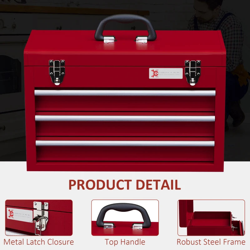 DURHAND Lockable Metal Tool Box - 3 Drawer Tool Chest with Latches, Handle, Ball Bearing Runners - Red - ALL4U RETAILER LTD