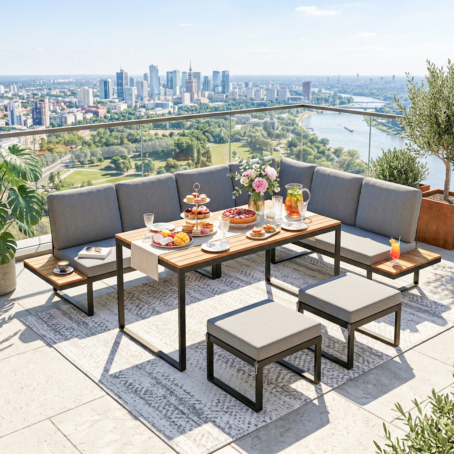 Outsunny Modular Patio Furniture Set 6 Pieces With Dining Table For Outdoor Patio Grey