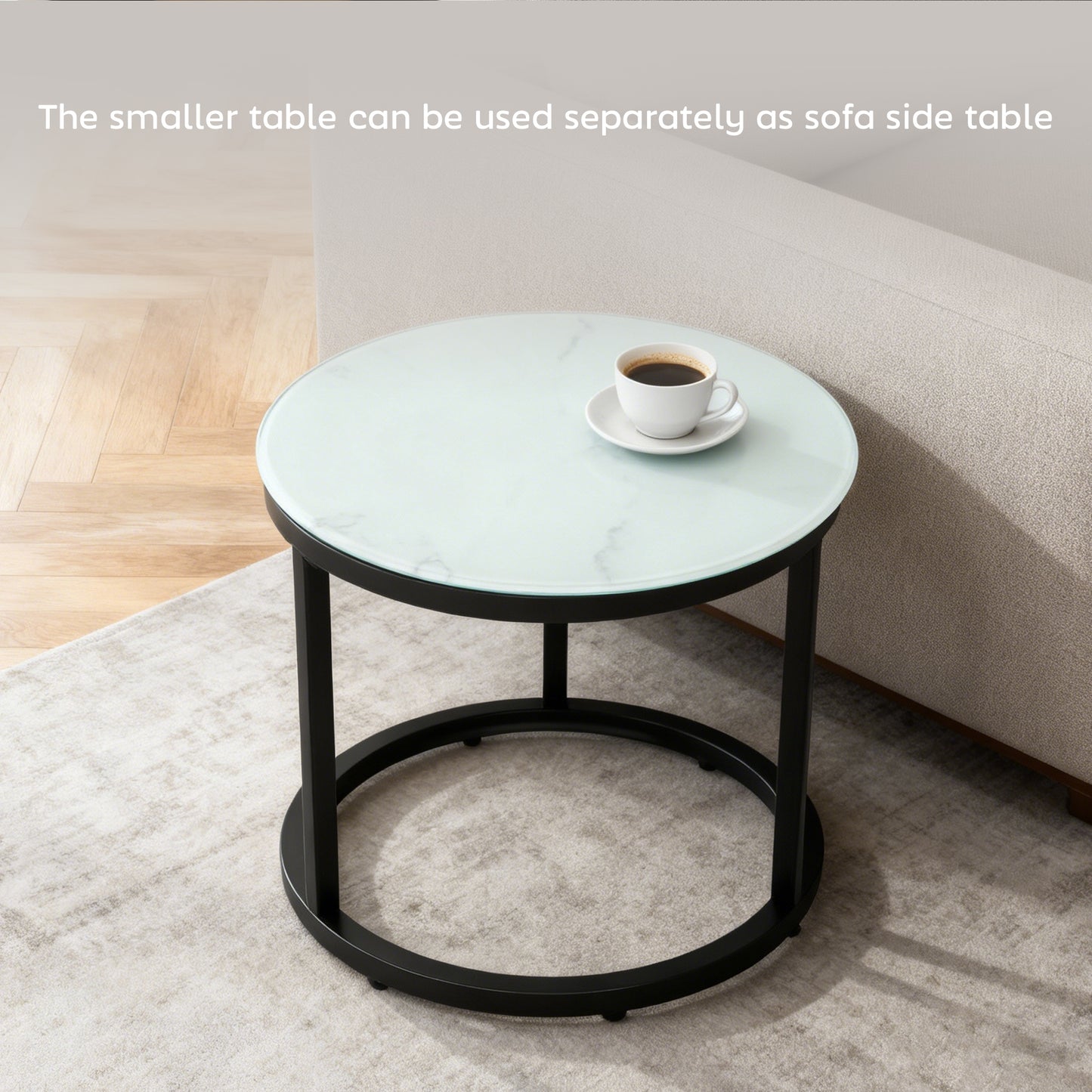 HOMCOM Glass Coffee Table Set Of 2 Nesting Tables With Marble Effect Tempered Glass Tabletops And White Steel Frame