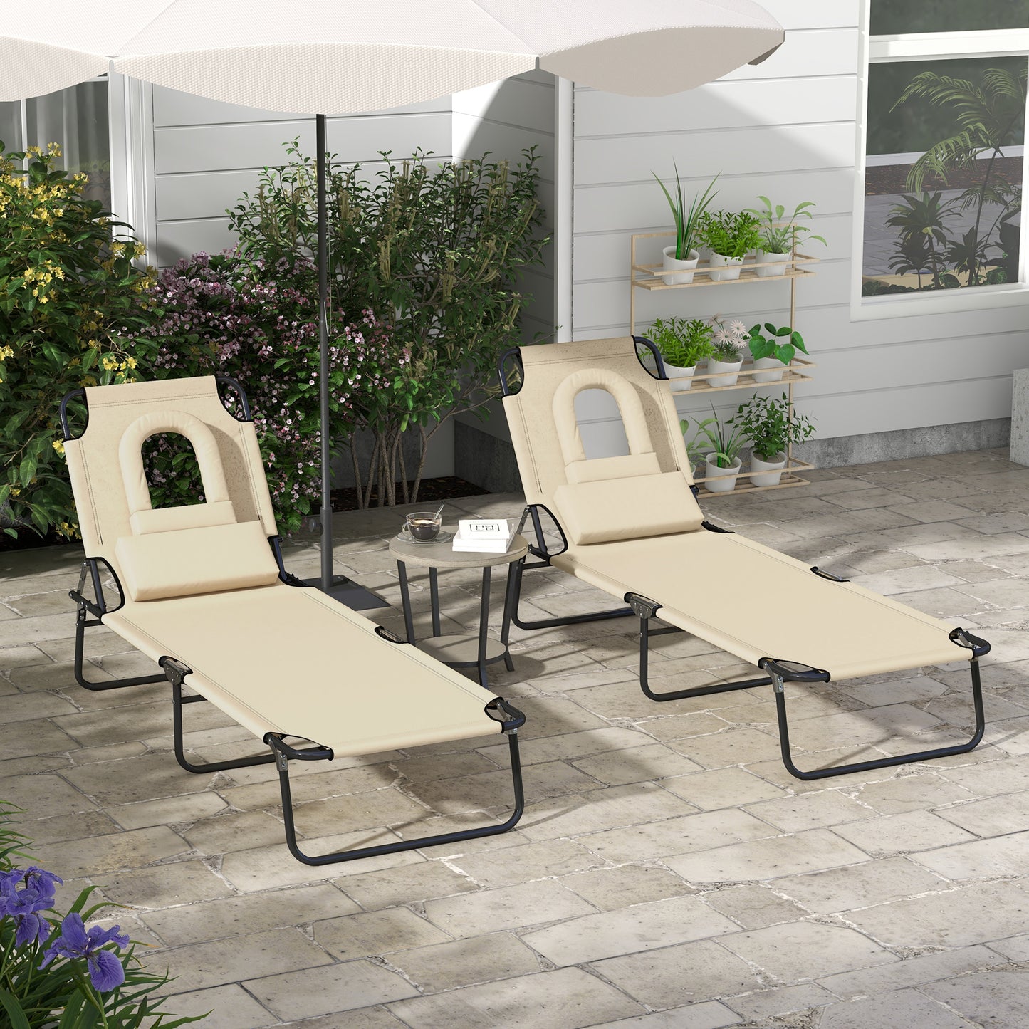 Outsunny Adjustable Reclining Sun Lounger Set of 2 with Pillow and Face Hole, Brown - ALL4U RETAILER LTD