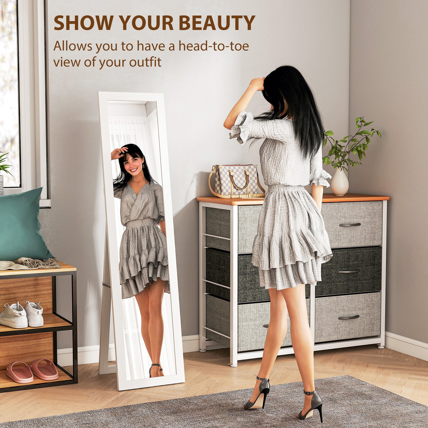 HOMCOM 37 x 157 cm Full Length Mirror White MDF Frame Standing Mirror for Bedroom