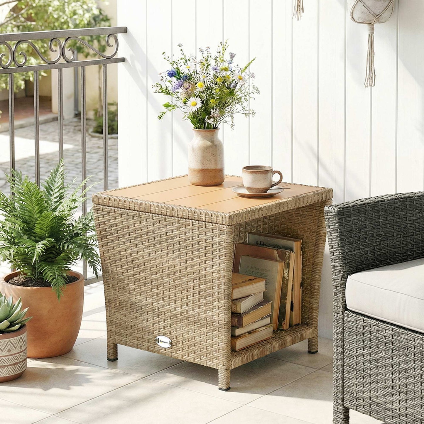 Outsunny Side Table 2 Tier Outdoor Coffee Table With Storage Shelf PS Wood Slat Top Khaki