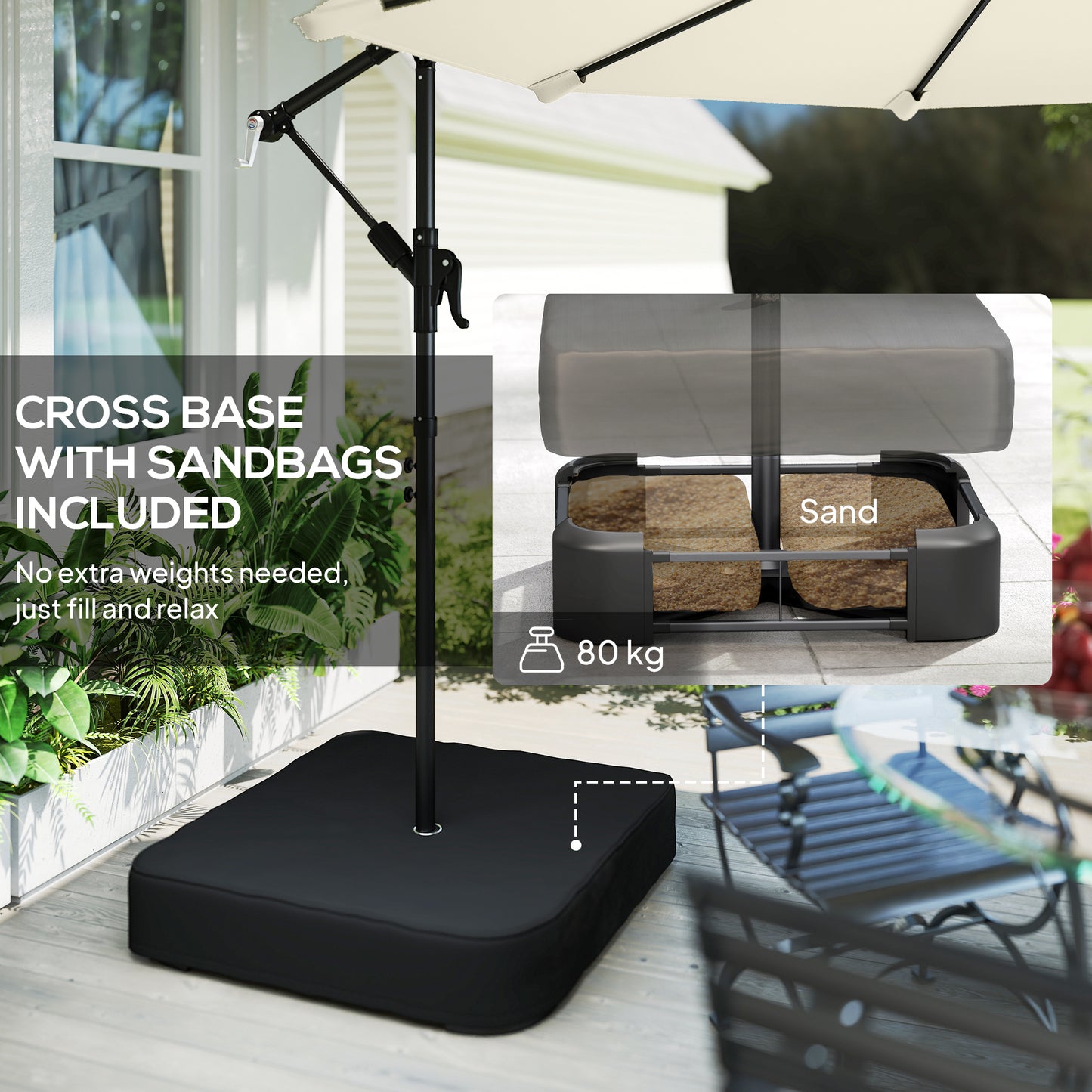 Outsunny 3m Cantilever Parasol With Cross Base And Sandbag 360 Degree Rotating Overhanging Arm Cream White