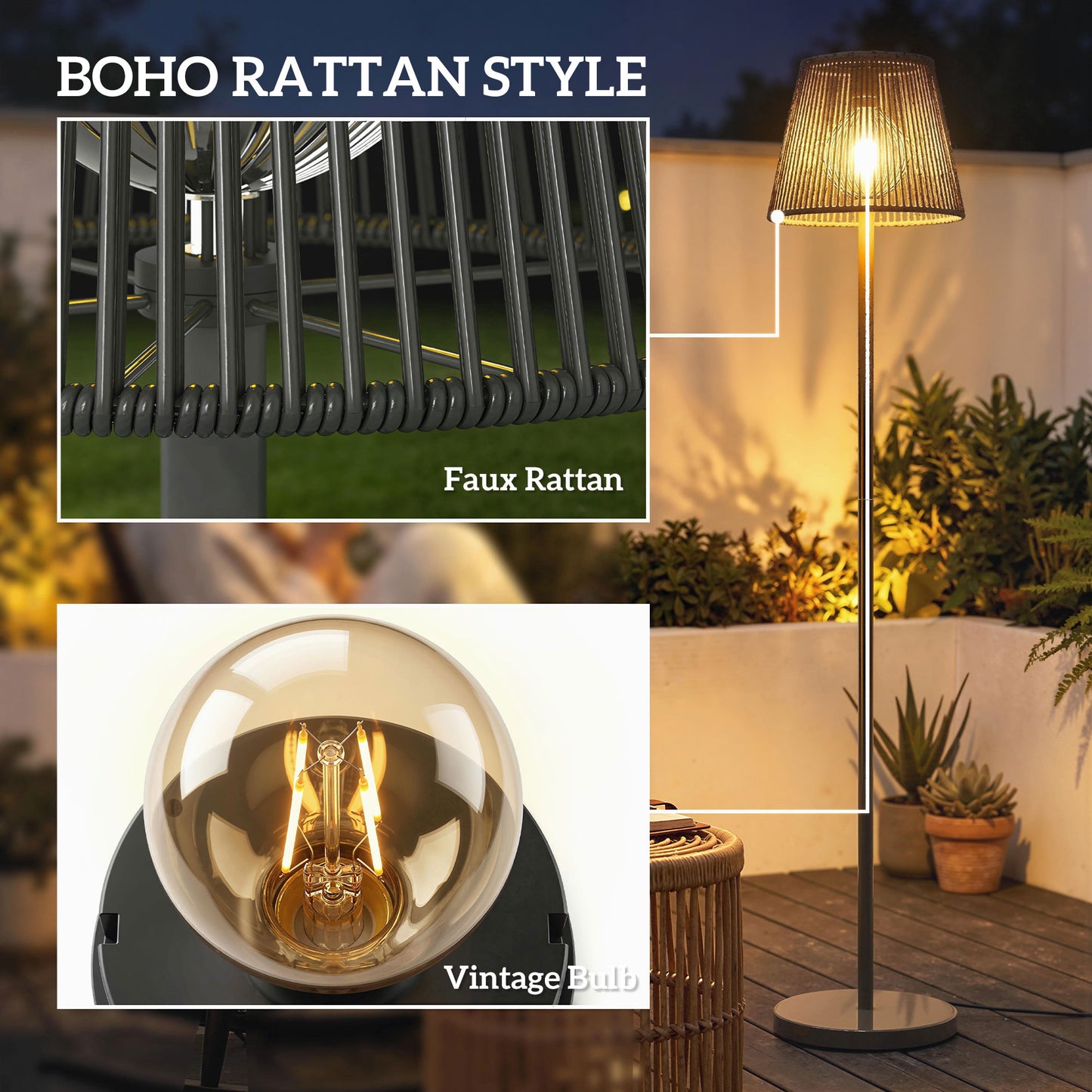 Outsunny Outdoor Solar Floor Lamp USB C Rechargeable, Adjustable Height IP44 Waterproof Garden Lighting