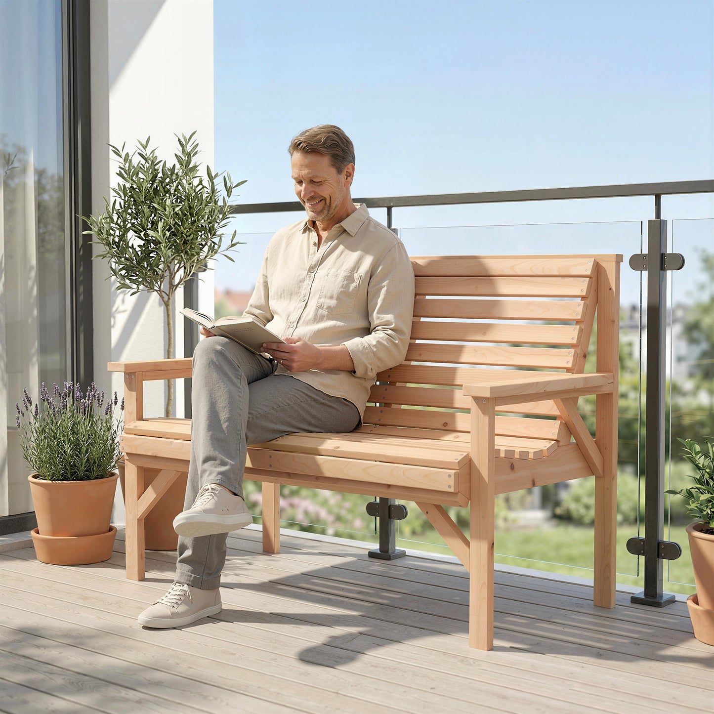 Outsunny 2 Seater Slatted Wooden Garden Bench With Armrests And Backrest For Outdoor Patio Balcony Indoor Use