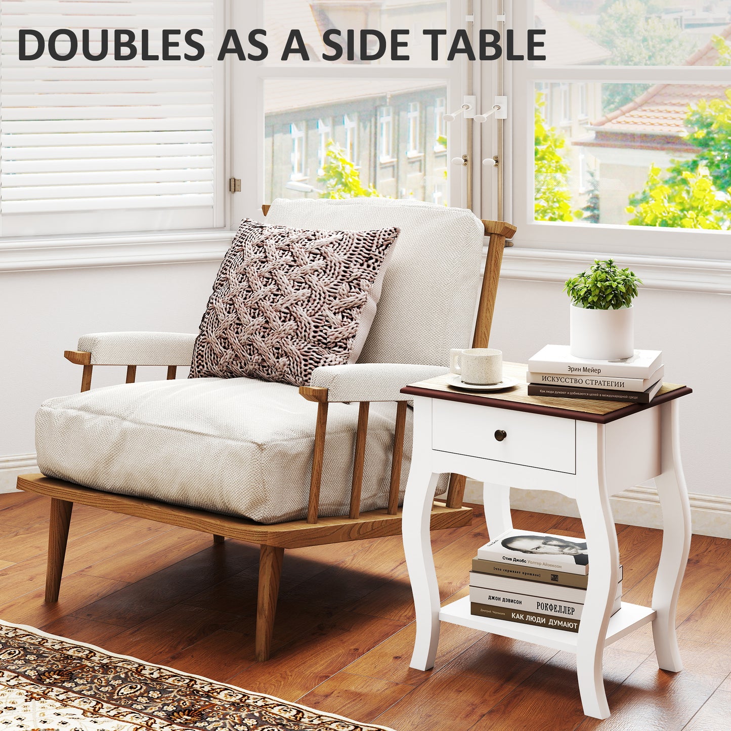 HOMCOM Two Piece Bedside Tables With Drawer In French Style With Open Shelf White Bedroom Nightstands