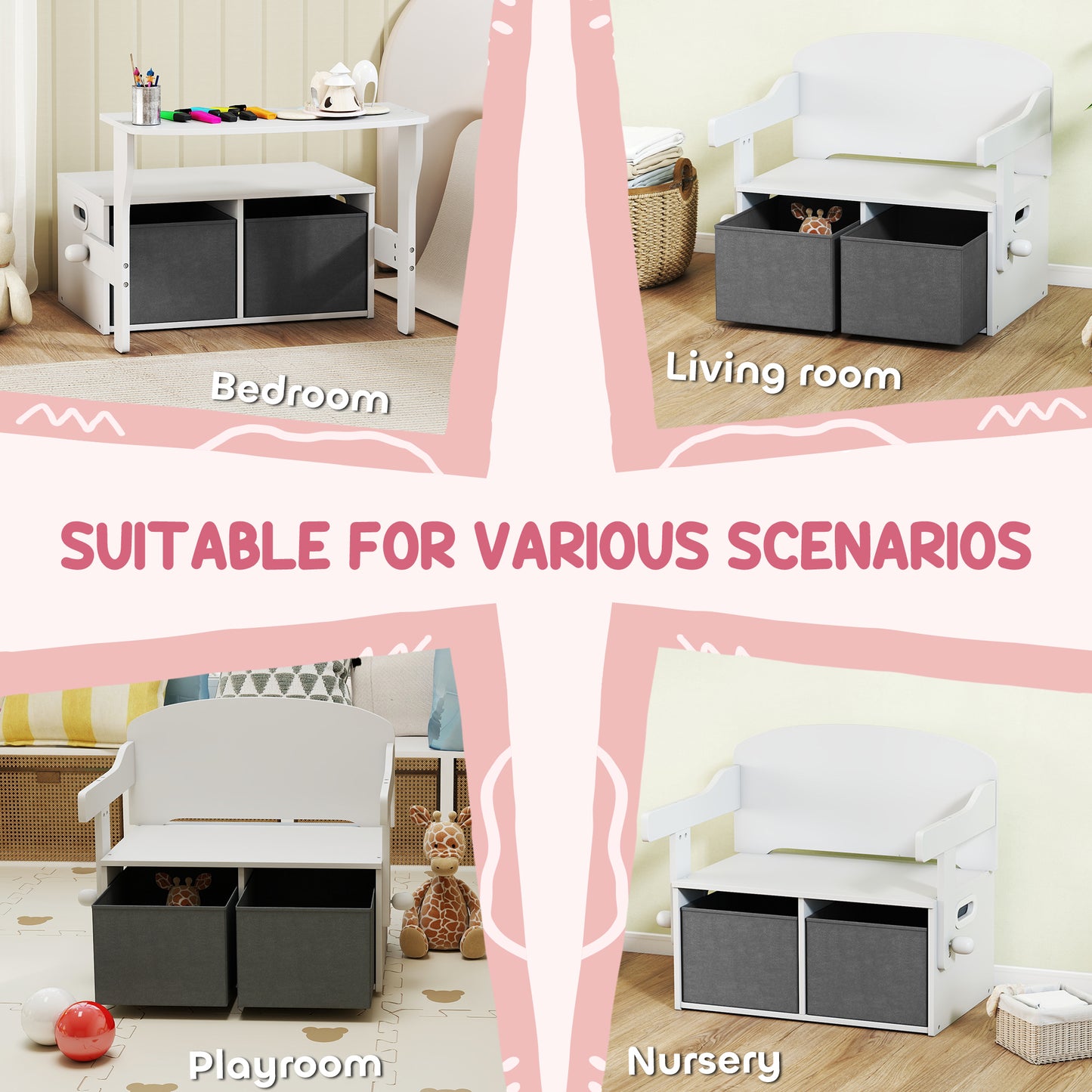 AIYAPLAY 3 In 1 Kids Storage Bench Table And Chair Set With 2 Fabric Bins Toy Storage Box White