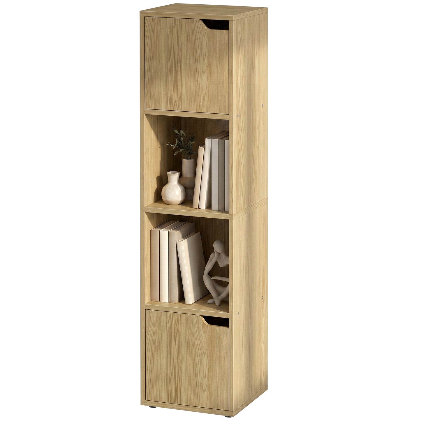 HOMCOM Narrow 4 Tier Bookcase With Doors Oak Finish For Living Room And Bedroom Storage Cabinet