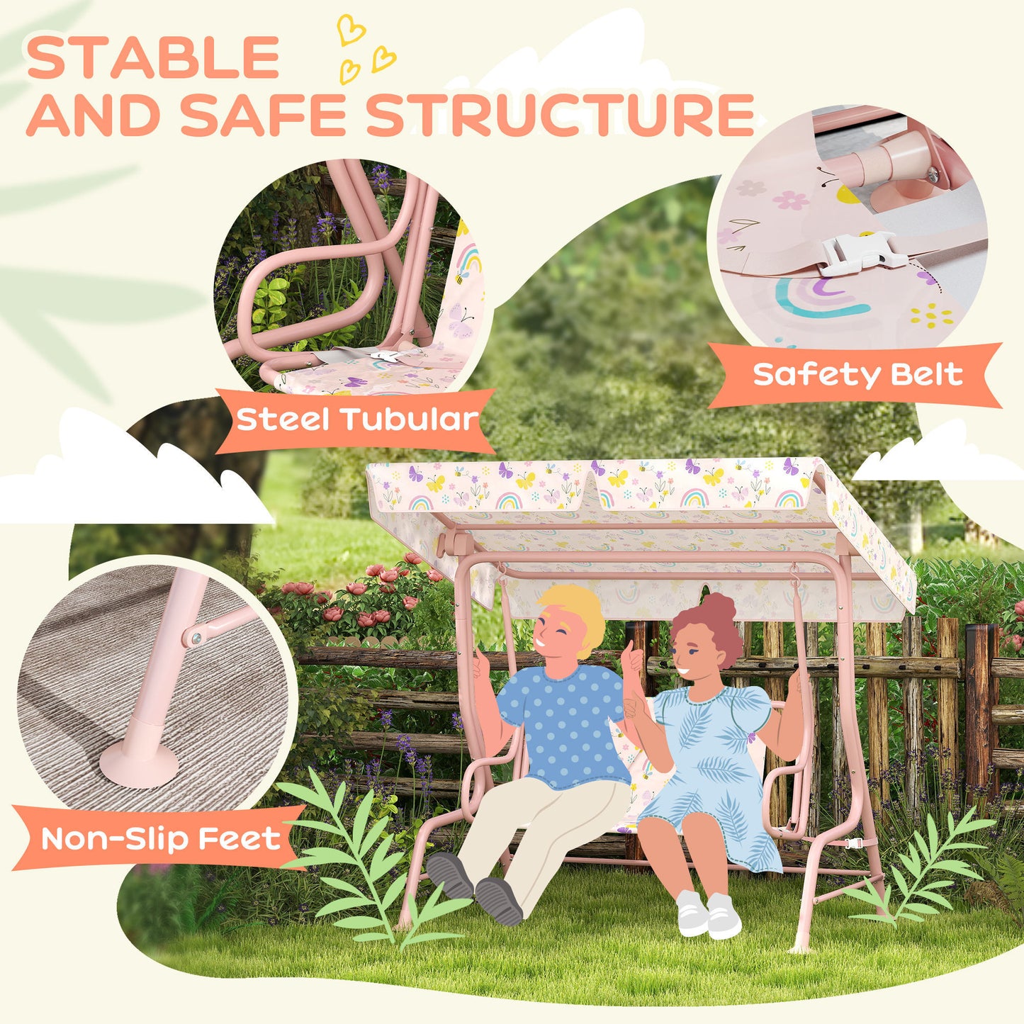 AIYAPLAY Kids Garden Swing Chair With Adjustable Canopy Safety Belt 2 Seater Hammock Swing Bench For Patio Porch Pink
