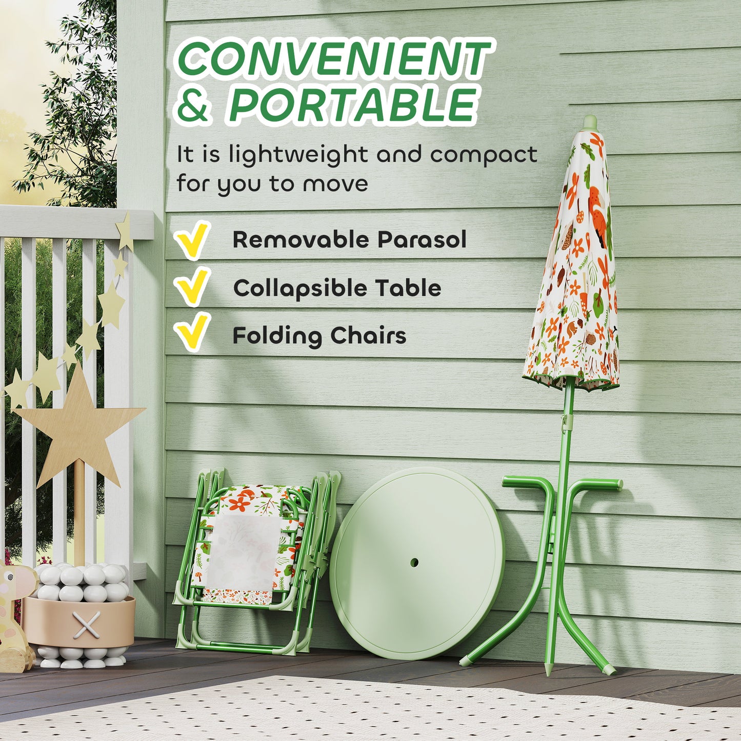 AIYAPLAY 4 Piece Kids Garden Table And Chair Set With Adjustable Parasol Folding Chairs And Table Nature Pattern Green