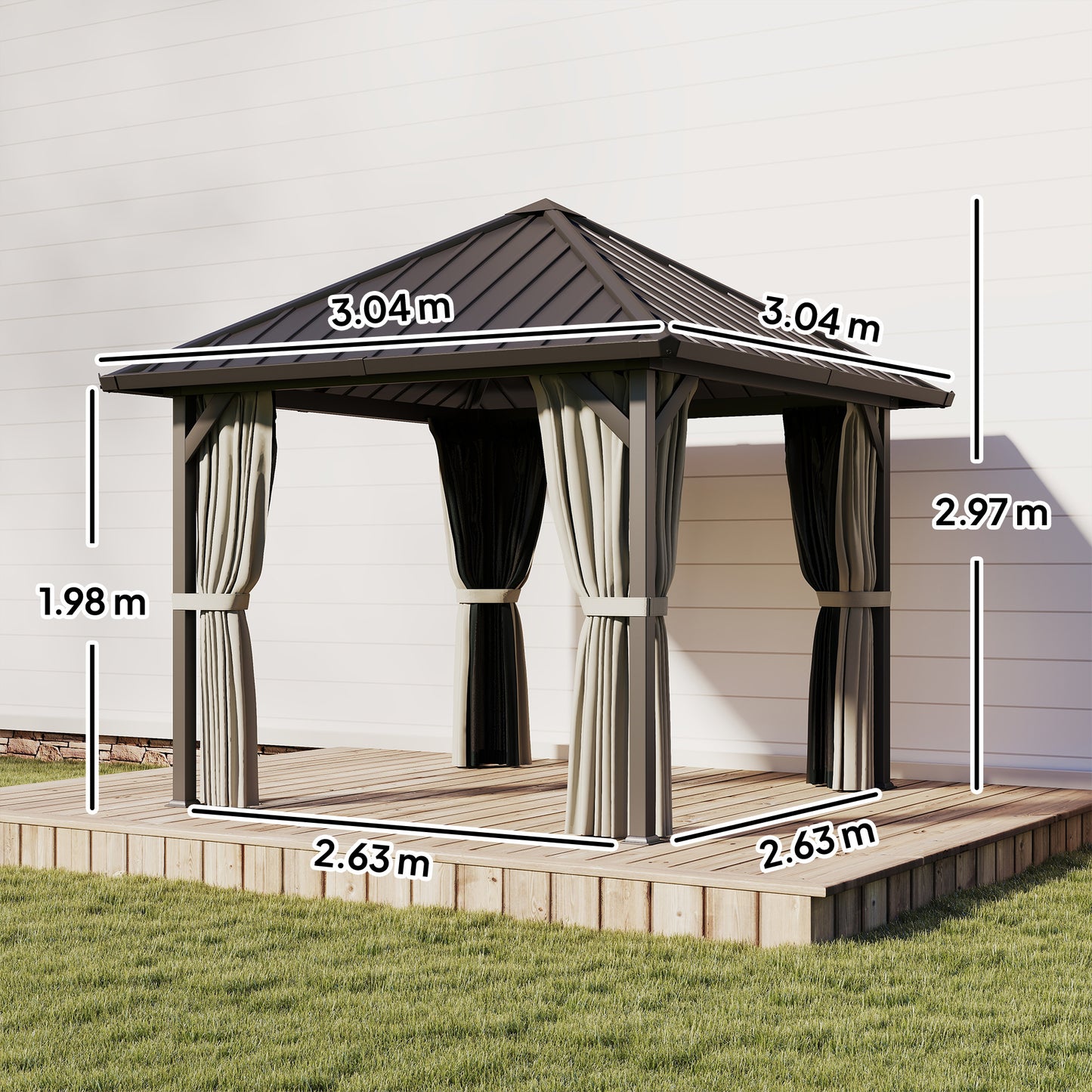 Outsunny 3x3m Hardtop Gazebo With Galvanised Roof And Water Gutter Waterproof Pavilion With Netting Curtains For Patio