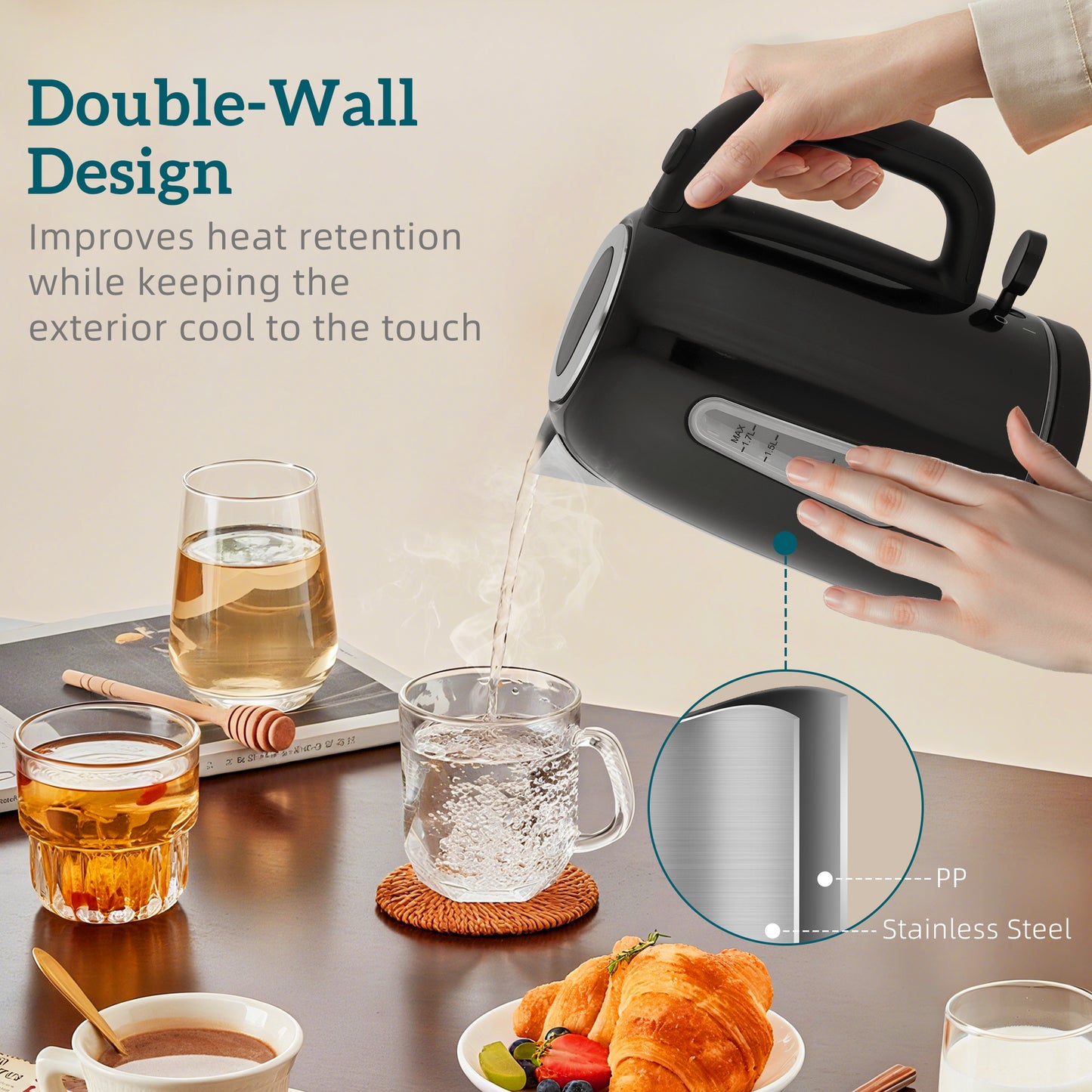 HOMCOM Polished Toaster And Kettle Set Black With Sleek Countertop Design And LED Ambience